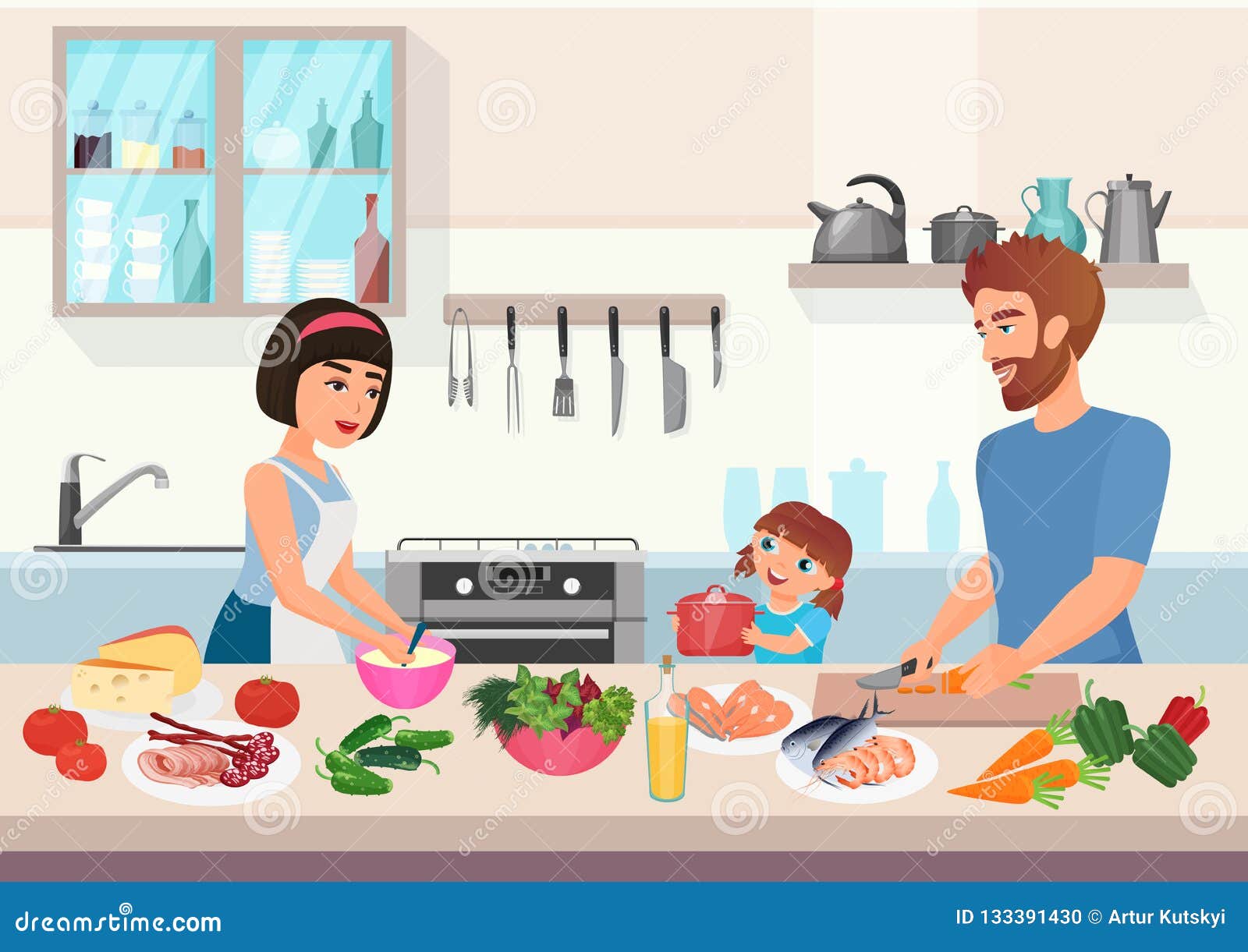 happy young family cooking. father, mother and daughter kid cook dishes in kitchen cartoon  .