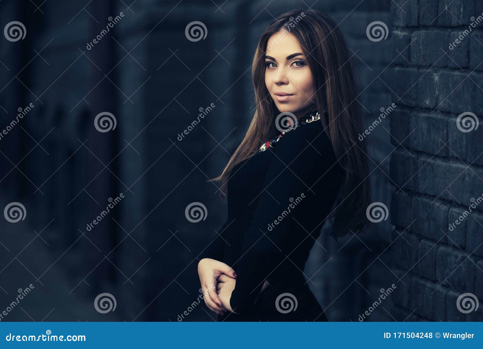 Happy Young Fashion Woman in Black Dress Walking on City Street Stock ...