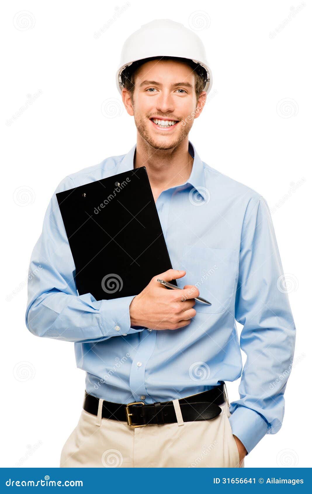 Happy Young Foreman on Building Site with Hard Hat White Background Stock Image Image of