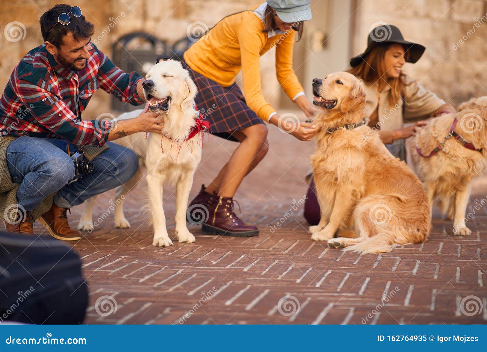 Happy Friends With Dog Have Fun And Travel Together On