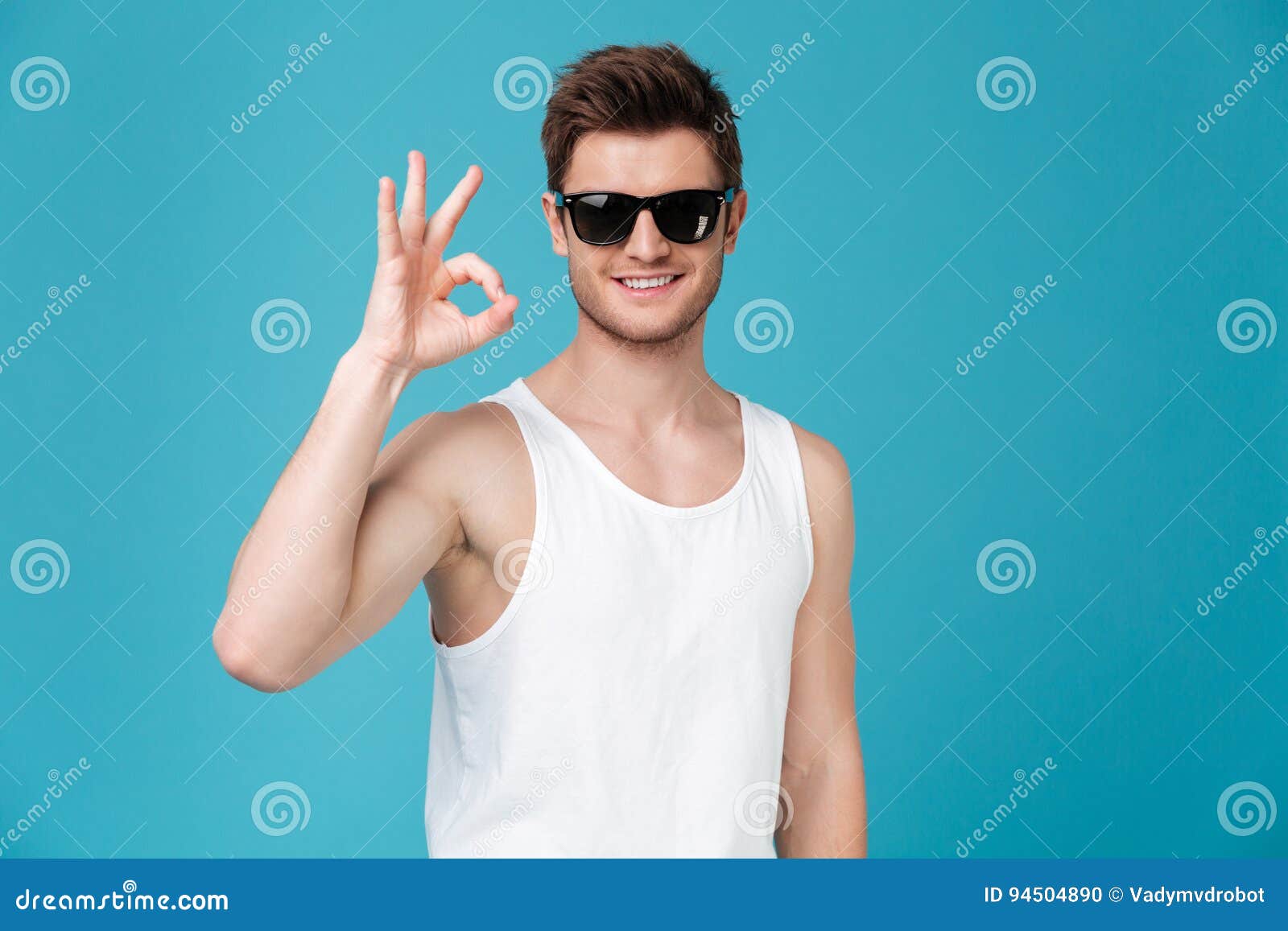 Happy Young Guy in Sunglasses Showing Okay Gesture Stock Photo - Image ...