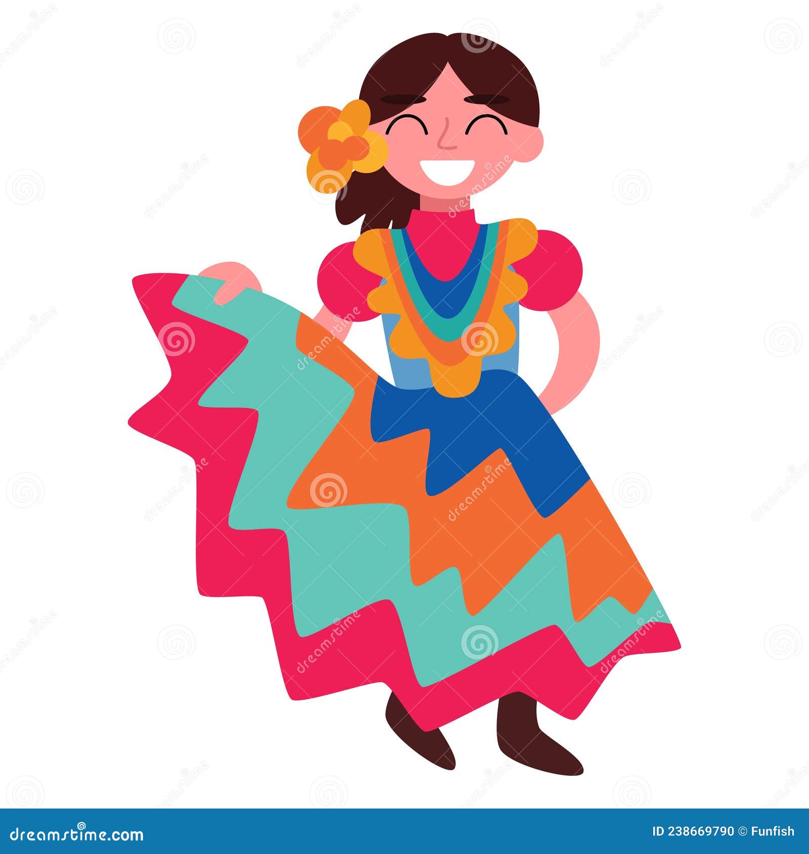 happy young hispanic dancer-girl in long colorful dress  