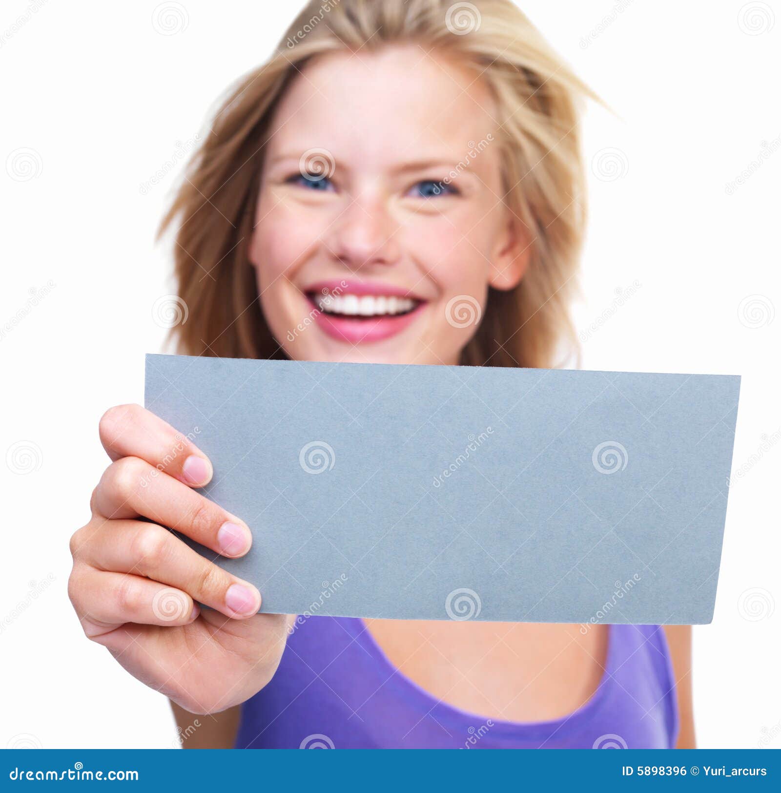 Happy Young Lady Holding Blank Card Stock Photo Image of beauty, hand