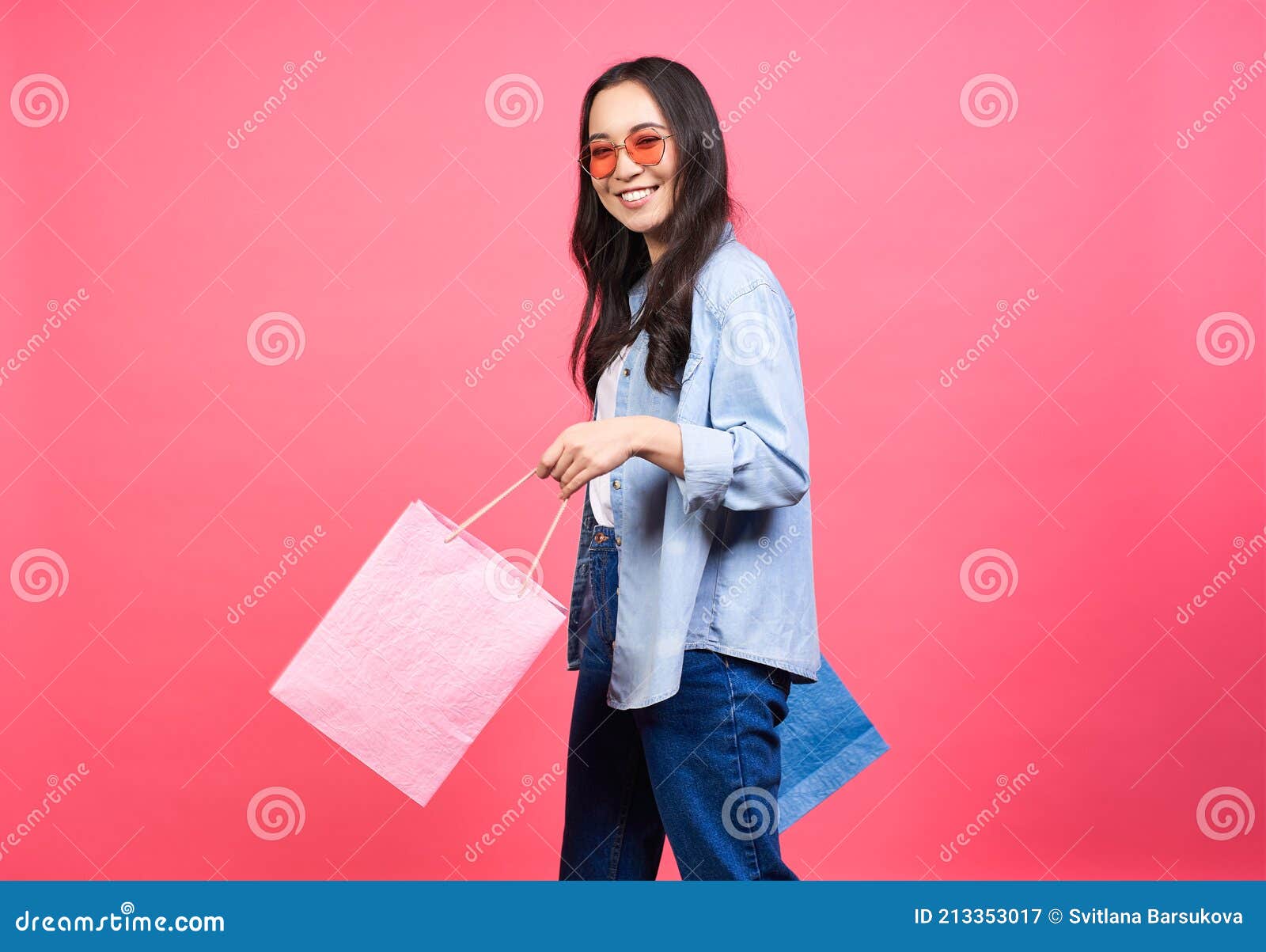 Cheerful Shopper Girl With Purchases In Colorful Paper Bags Happy