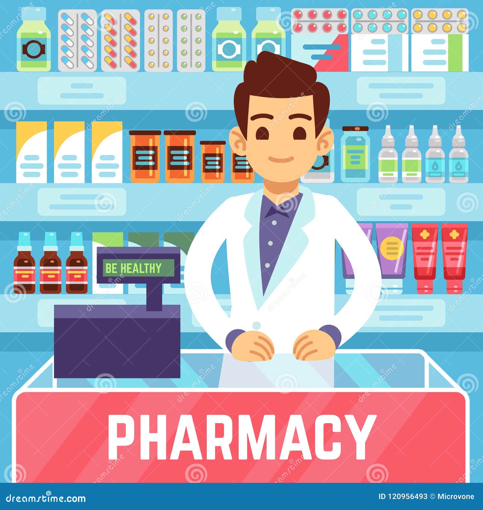 happy young man pharmacist sells medications in pharmacy or drugstore. pharmacology and healthcare  concept