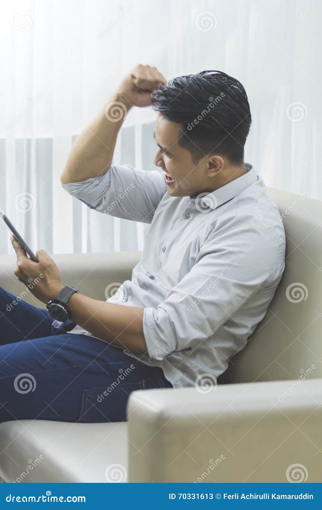 Happy Young Man Raise His Hand. Success Stock Image - Image of internet