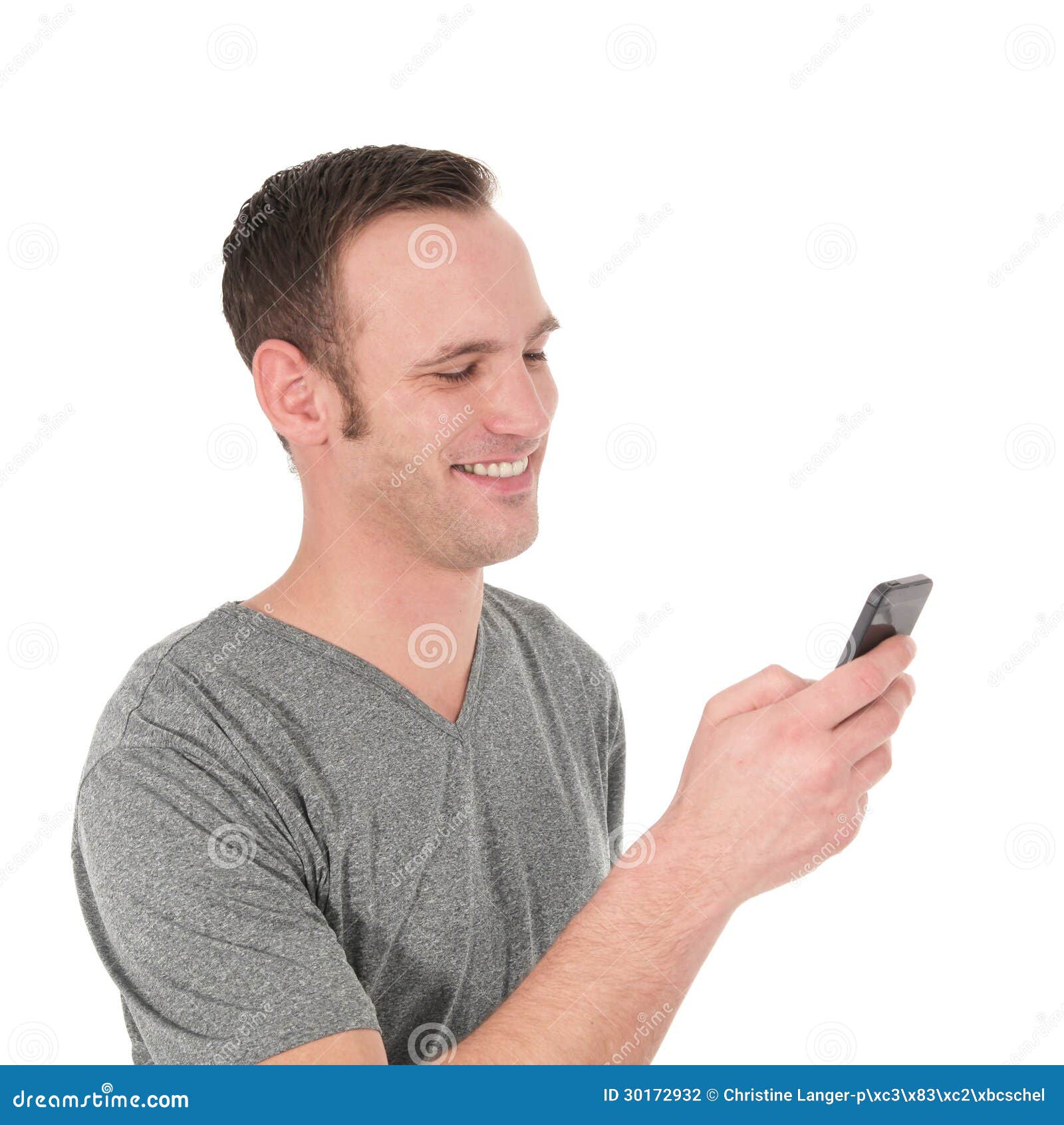 Happy Young Man Reading a Text Message Stock Photo Image of casual