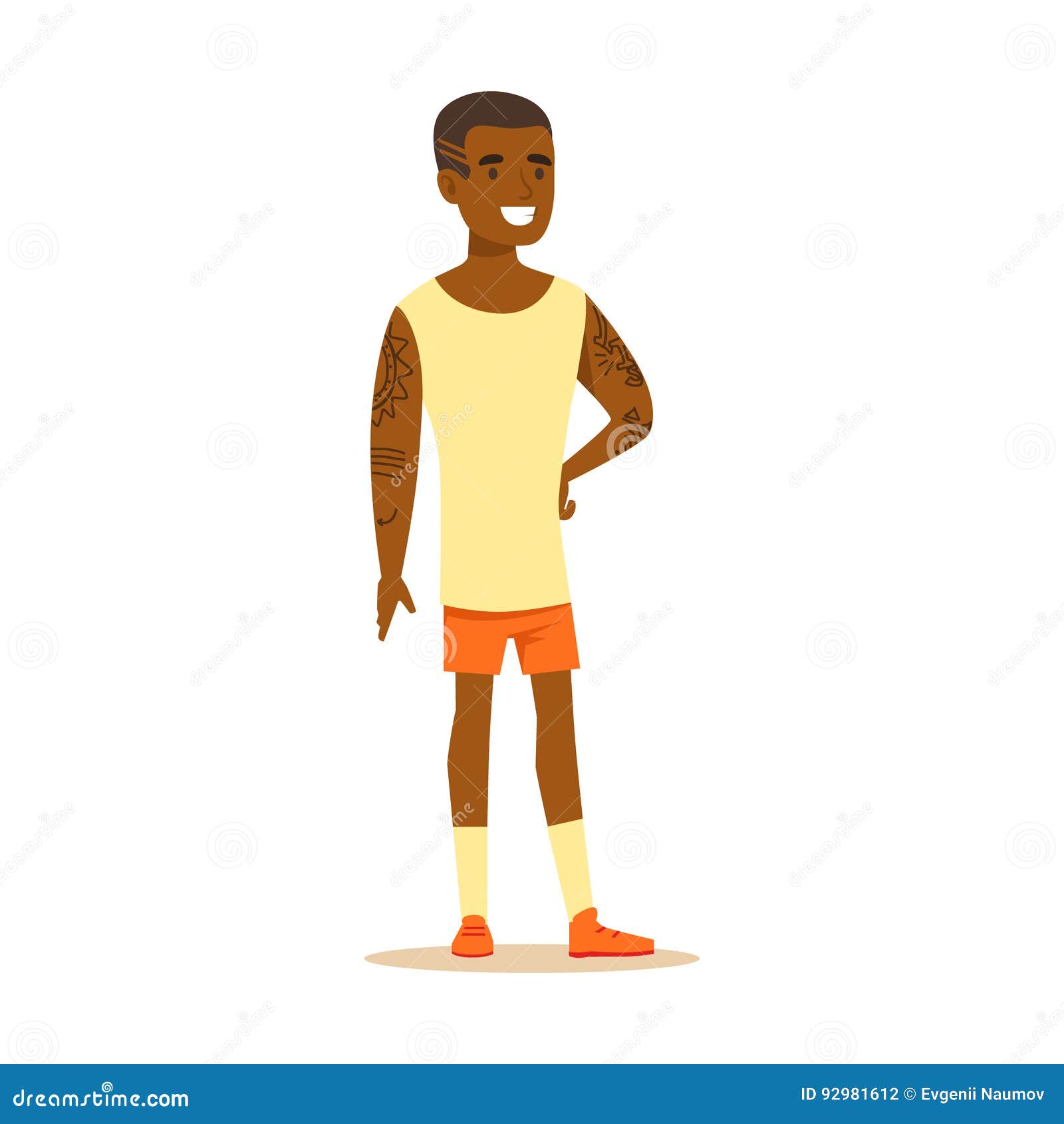 Happy Young Man in Shorts and Sleeveless Shirt with Tattoos on His Hands Standing. Colorful Cartoon Character Vector Stock Vector - Illustration of african, ethnic: 92981612 Happy Young Man in Shorts and Sleeveless Shirt with Tattoos on His Hands Standing. Colorful Cartoon Character Vector Stock Vector - Illustration of african, ethnic: 92981612