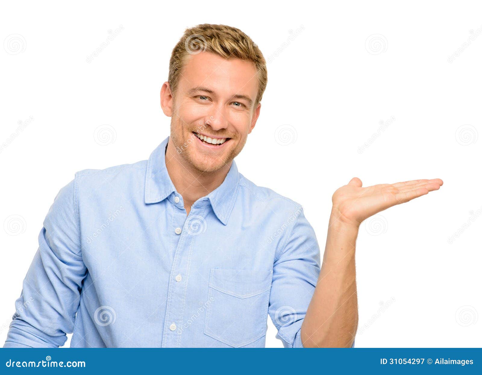 Happy Young Man Showing Empty Copyspace on White Background Stock Image ...