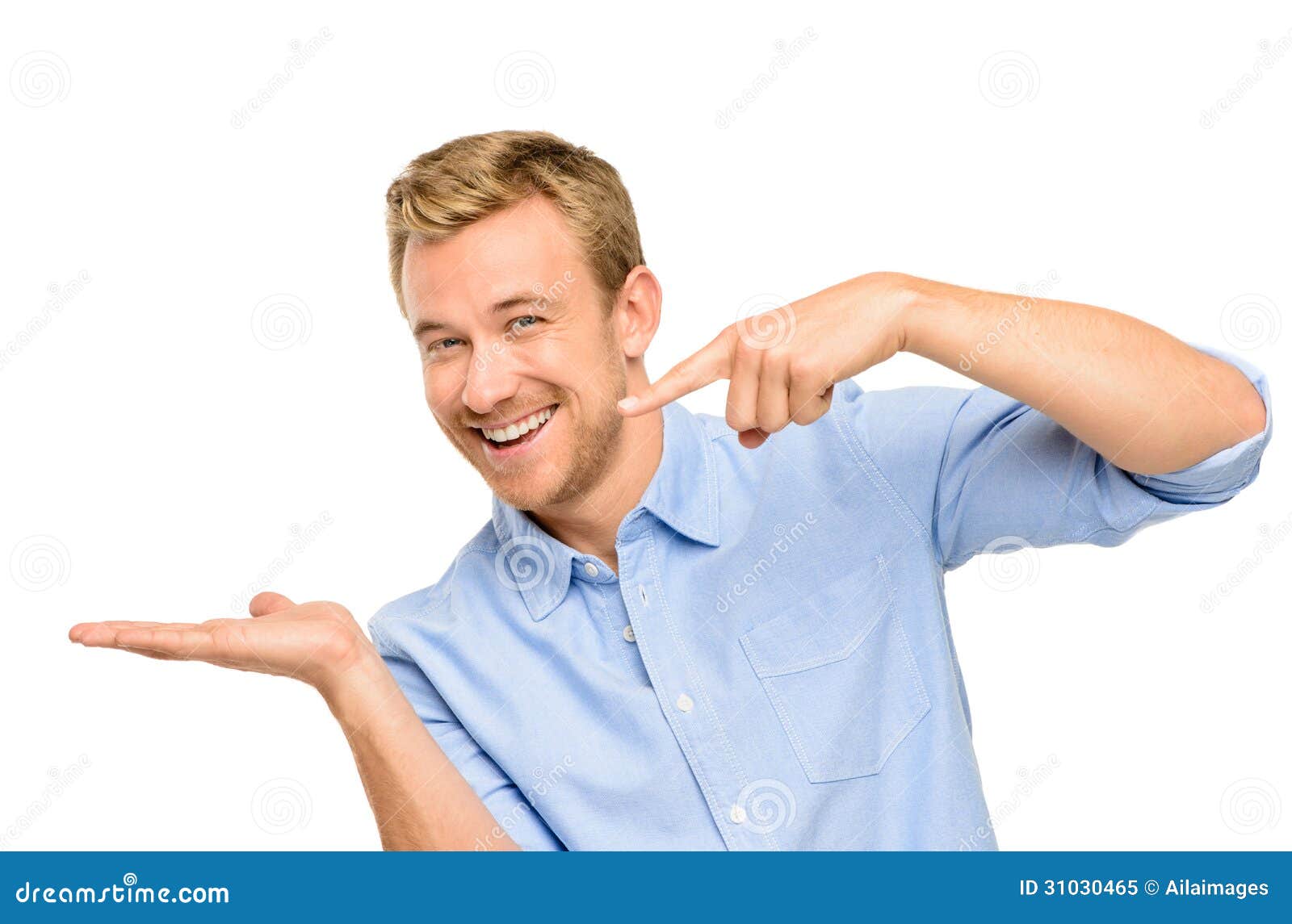 Happy Young Man Showing Empty Copyspace on White Background Stock Image ...