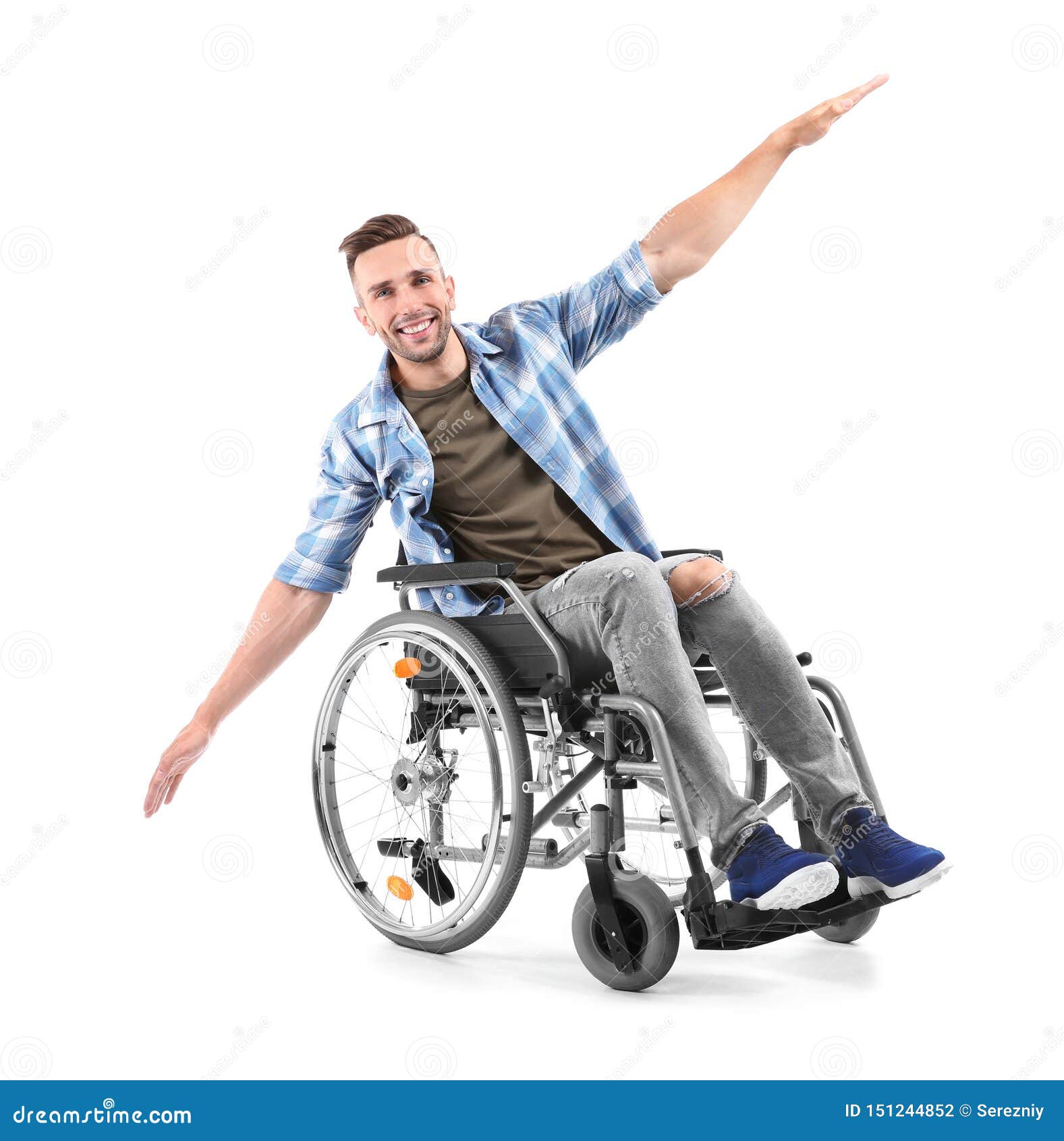 Happy Young Man Sitting in Wheelchair on White Background Stock Photo