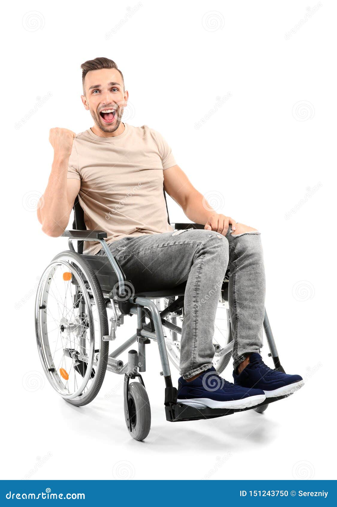 Happy Young Man Sitting in Wheelchair on White Background Stock Photo ...