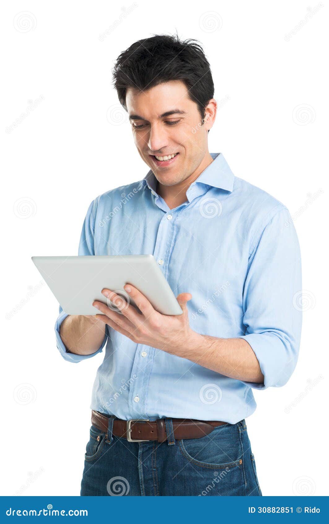 happy young man using digital tablet