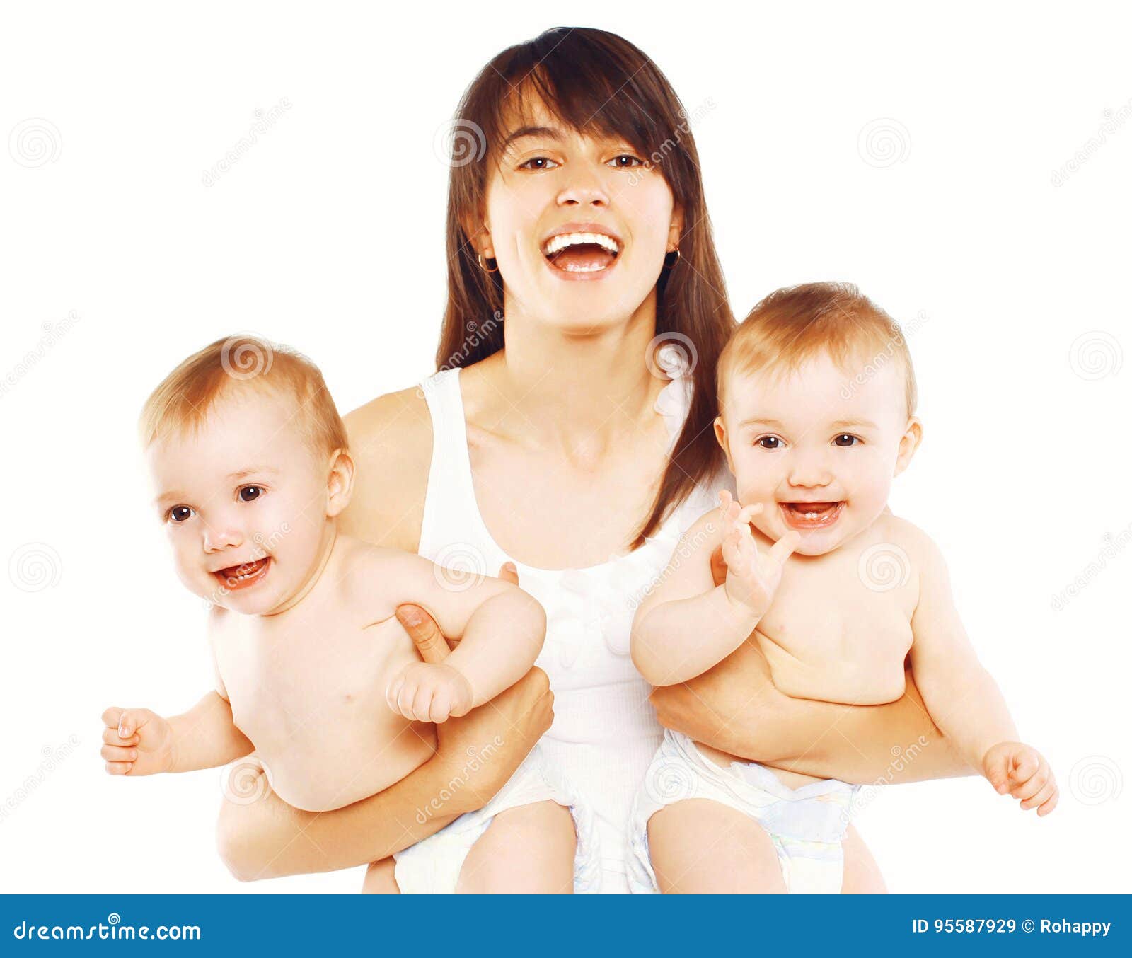 Happy Young Mother with Two Twins Babies on White Background Stock