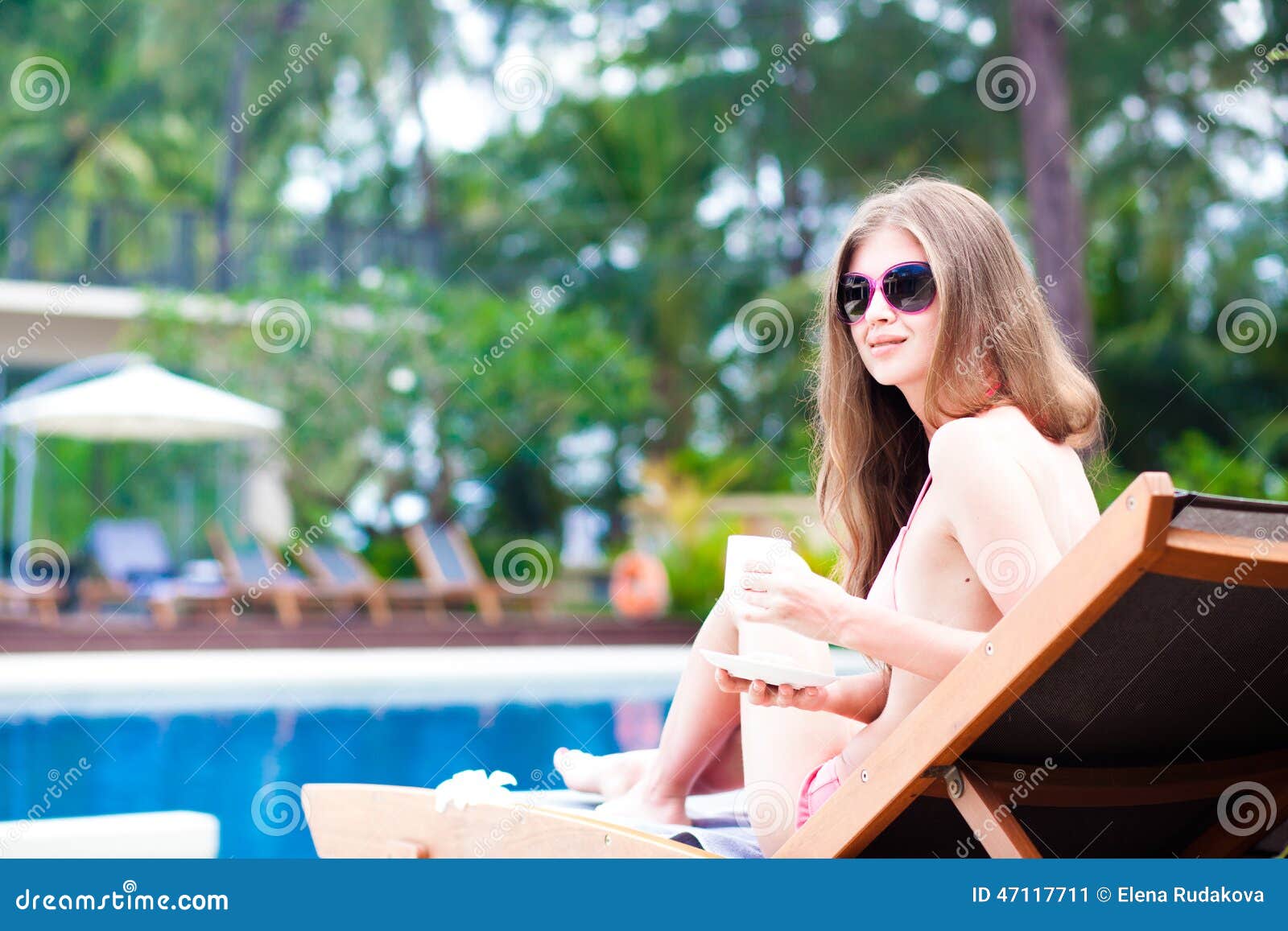 Happy Young Woman in Bikini Laying on Chaise- Stock Image - Image of ...