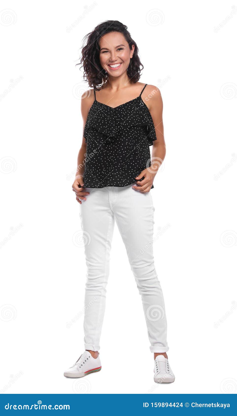 Happy Young Woman in Casual Outfit on White Stock Photo - Image of ...