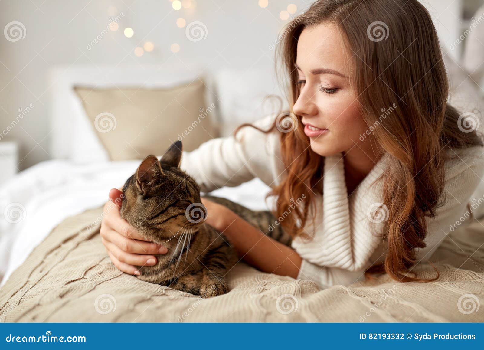 Happy Young Woman with Cat Lying in Bed at Home Stock Photo - Image of ...