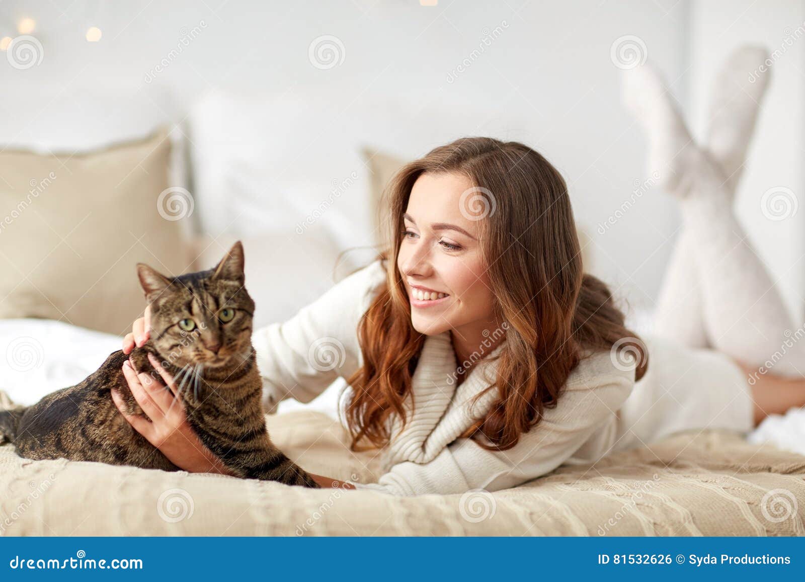 Happy Young Woman with Cat Lying in Bed at Home Stock Photo - Image of ...