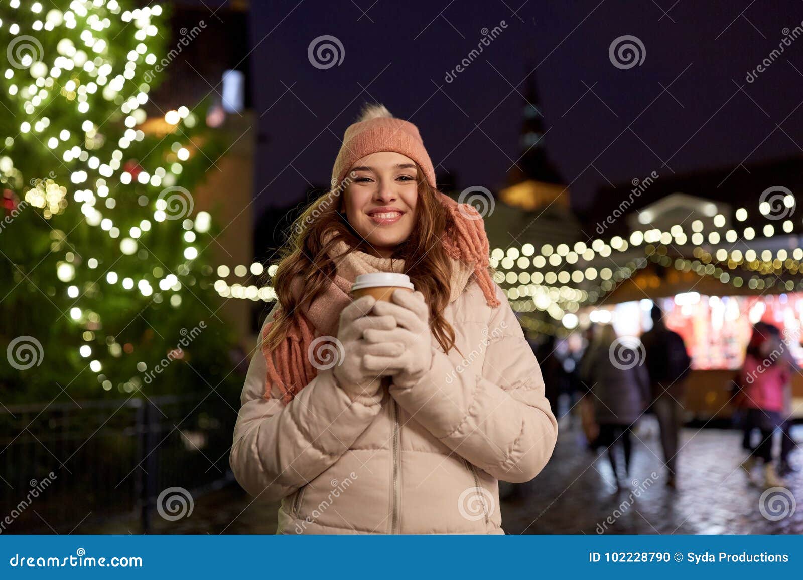 Happy Young Woman with Coffee at Christmas Market Stock Photo - Image ...