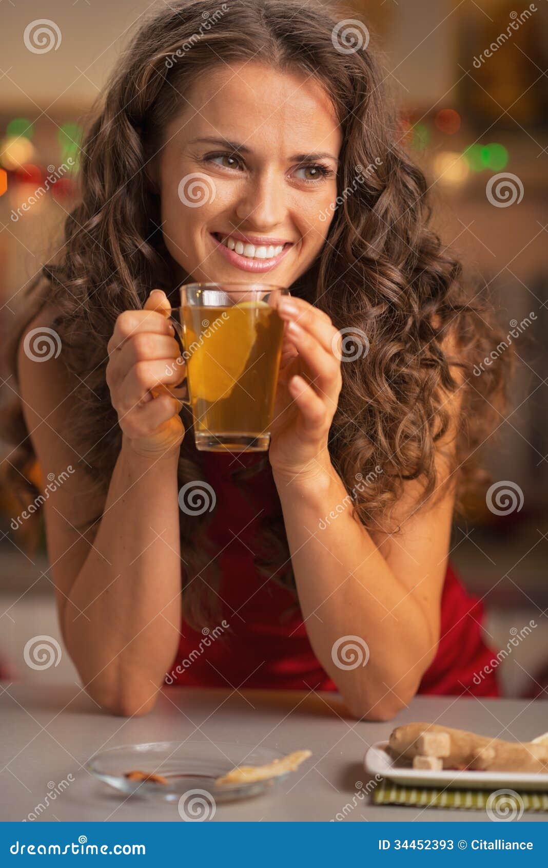 Happy Young Woman Drinking Ginger Tea with Lemon Stock Image - Image of ...