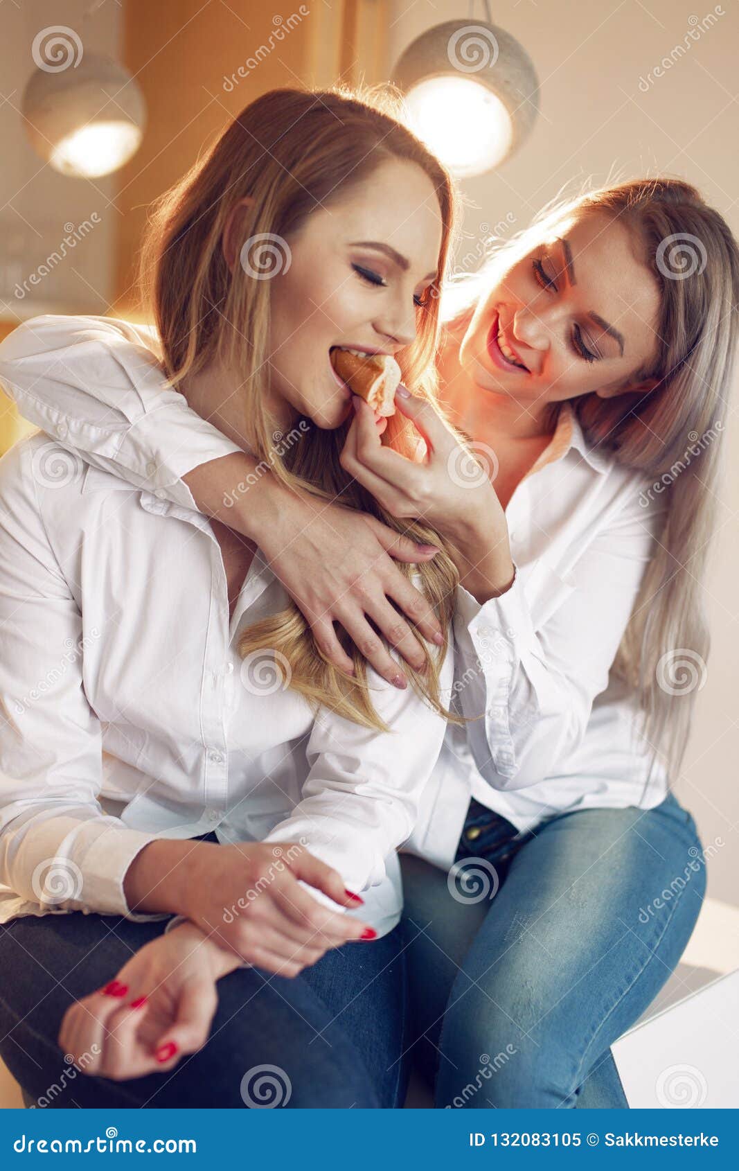 Happy Young Woman Feeding Girlfriend With Sandwich Stock Image Image Of Girl Celebration 