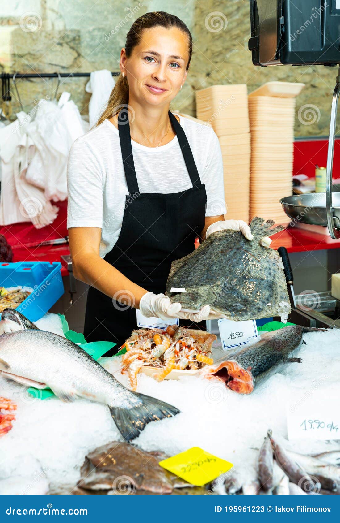 Fishmonger Demonstrating Fresh Flounder Stock Image - Image of fish ...