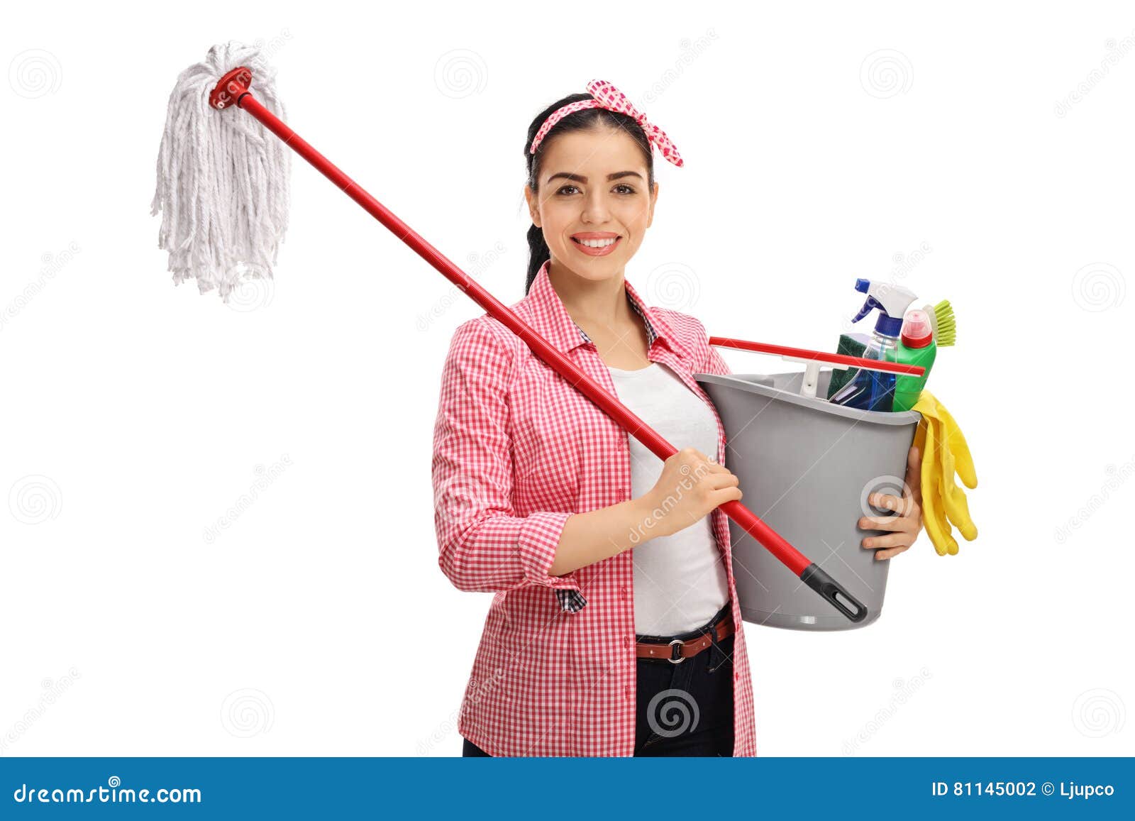 Happy Young Woman Holding Mop And Bucket Filled With Cleaning Pr Stock