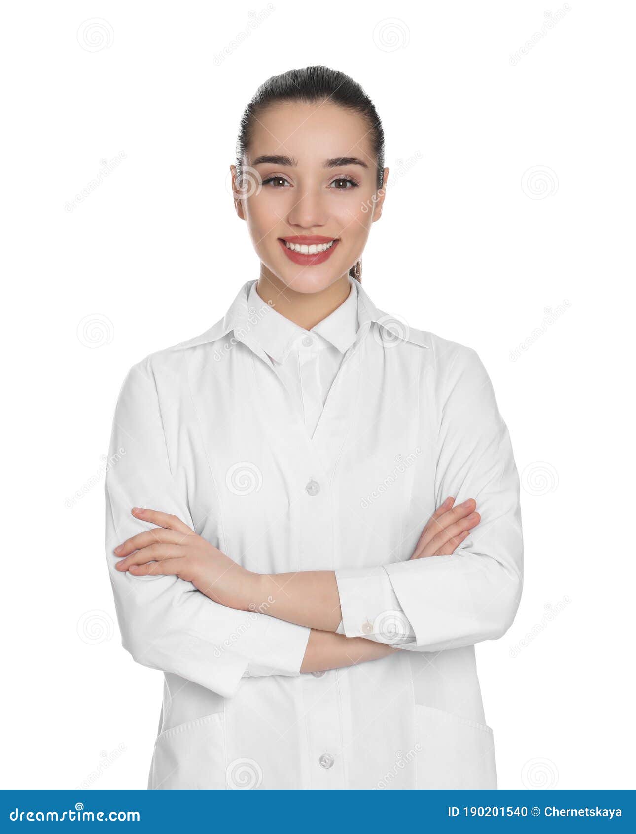 Happy Young Woman in Lab Coat on Background Stock Photo Image of