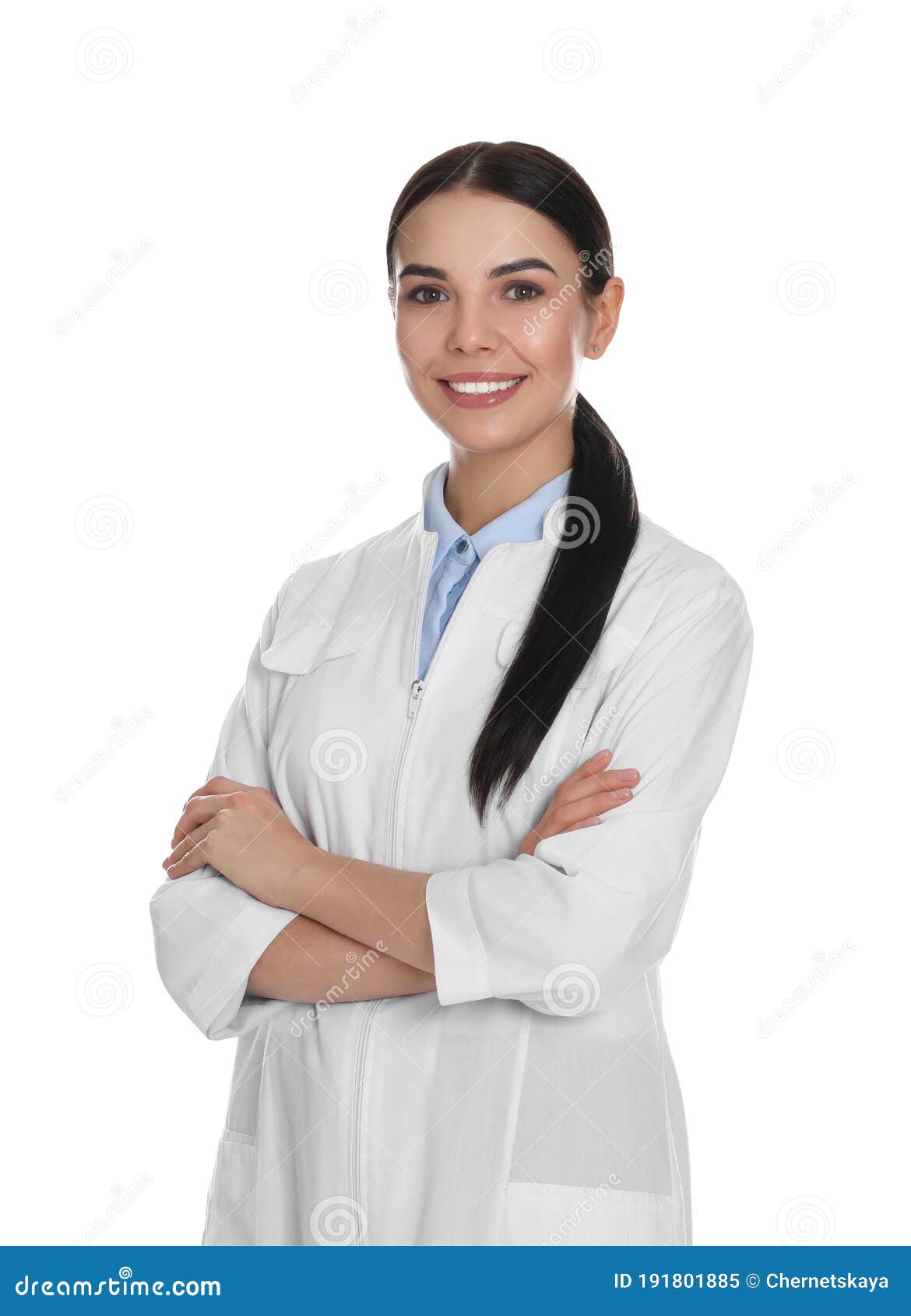 Happy Young Woman in Lab Coat on Background Stock Image Image of
