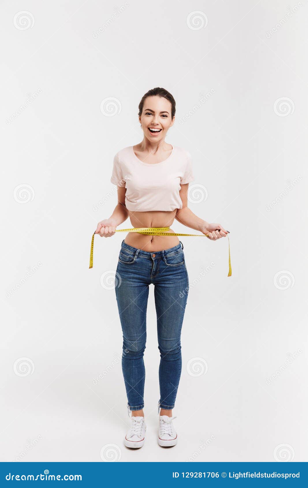 Happy Young Woman Measuring Her Waist Stock Photo Image Of