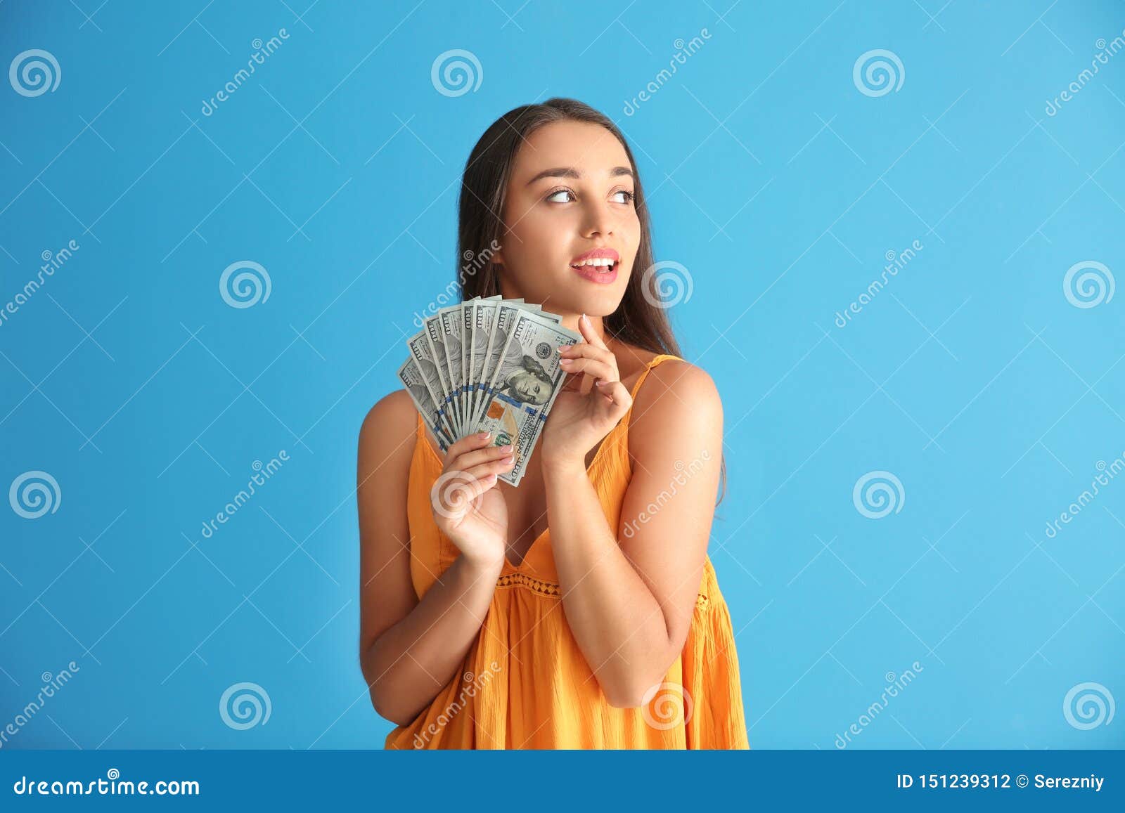 Happy Young Woman with Money on Color Background Stock Photo - Image of ...