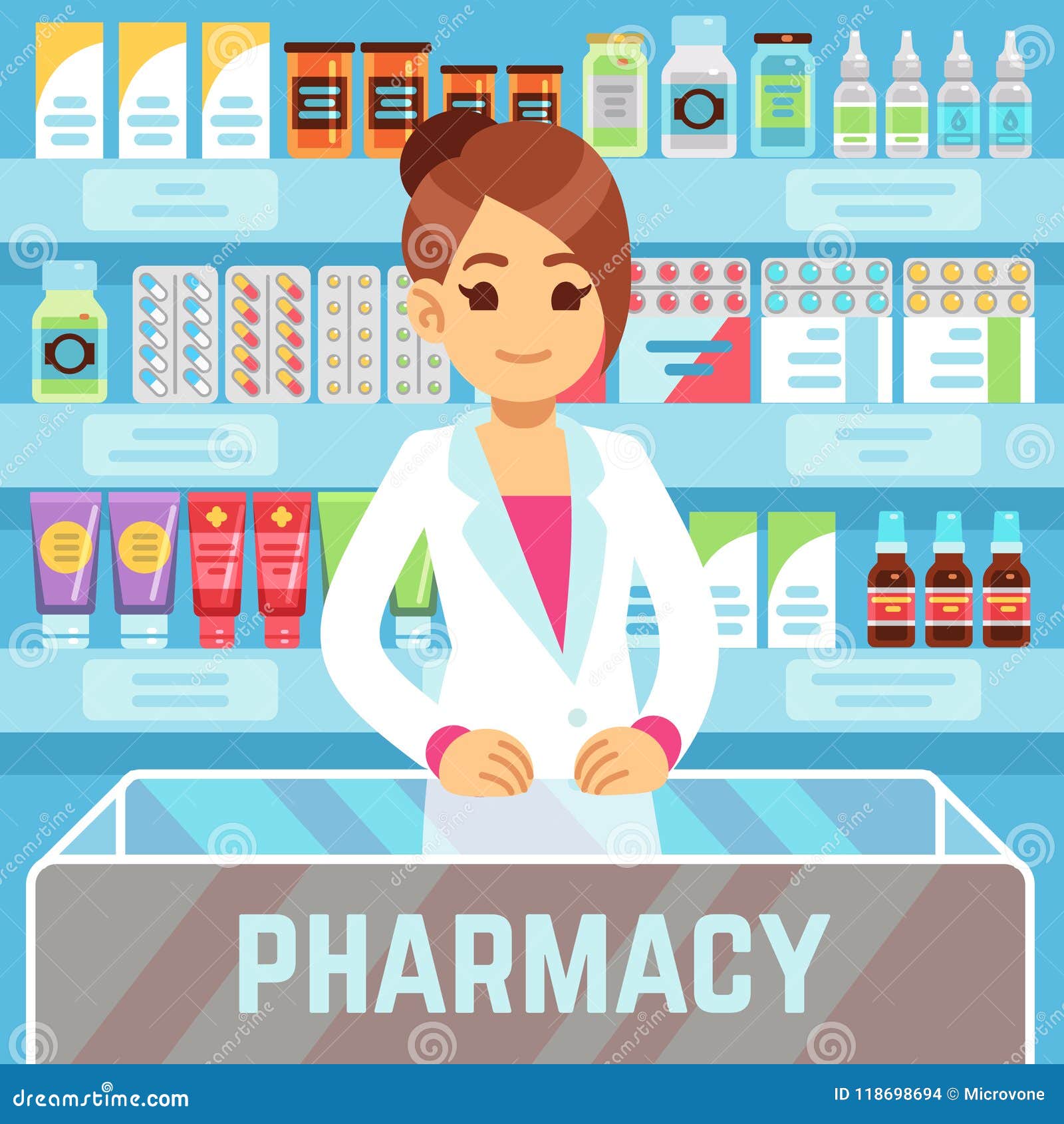 Happy Young Woman Pharmacist Sells Medications in Pharmacy Interior ...