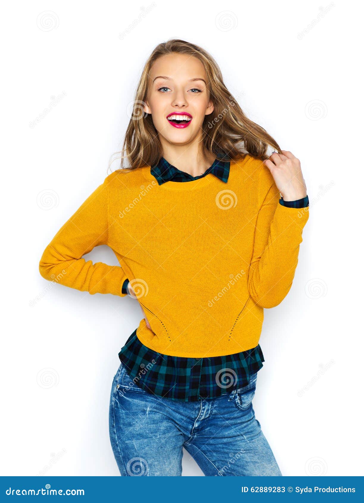 Happy Young Woman or Teen Girl in Casual Clothes Stock Image - Image of ...