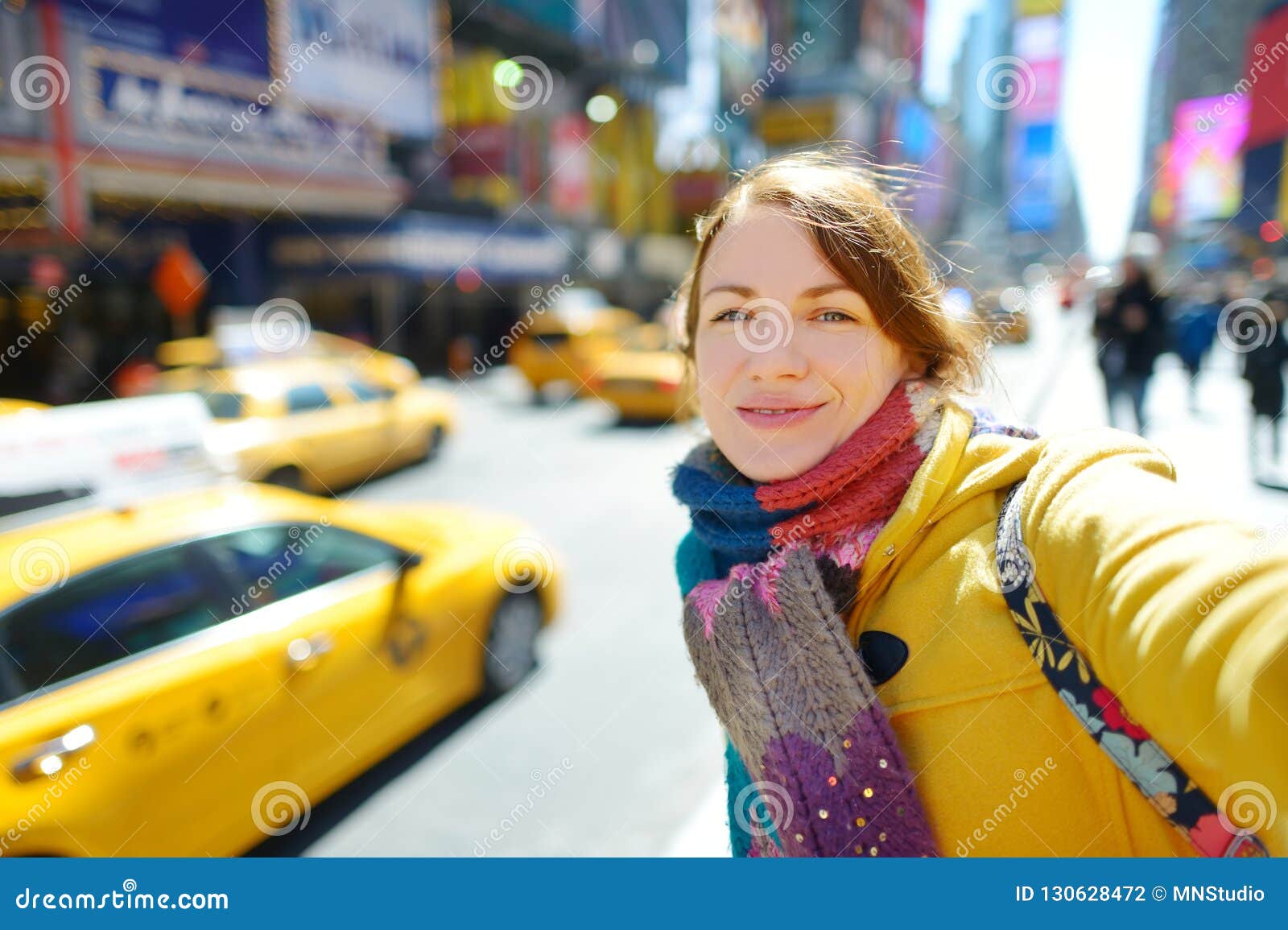 Happy Young Woman Tourist Sightseeing at Times Square in New York City ...