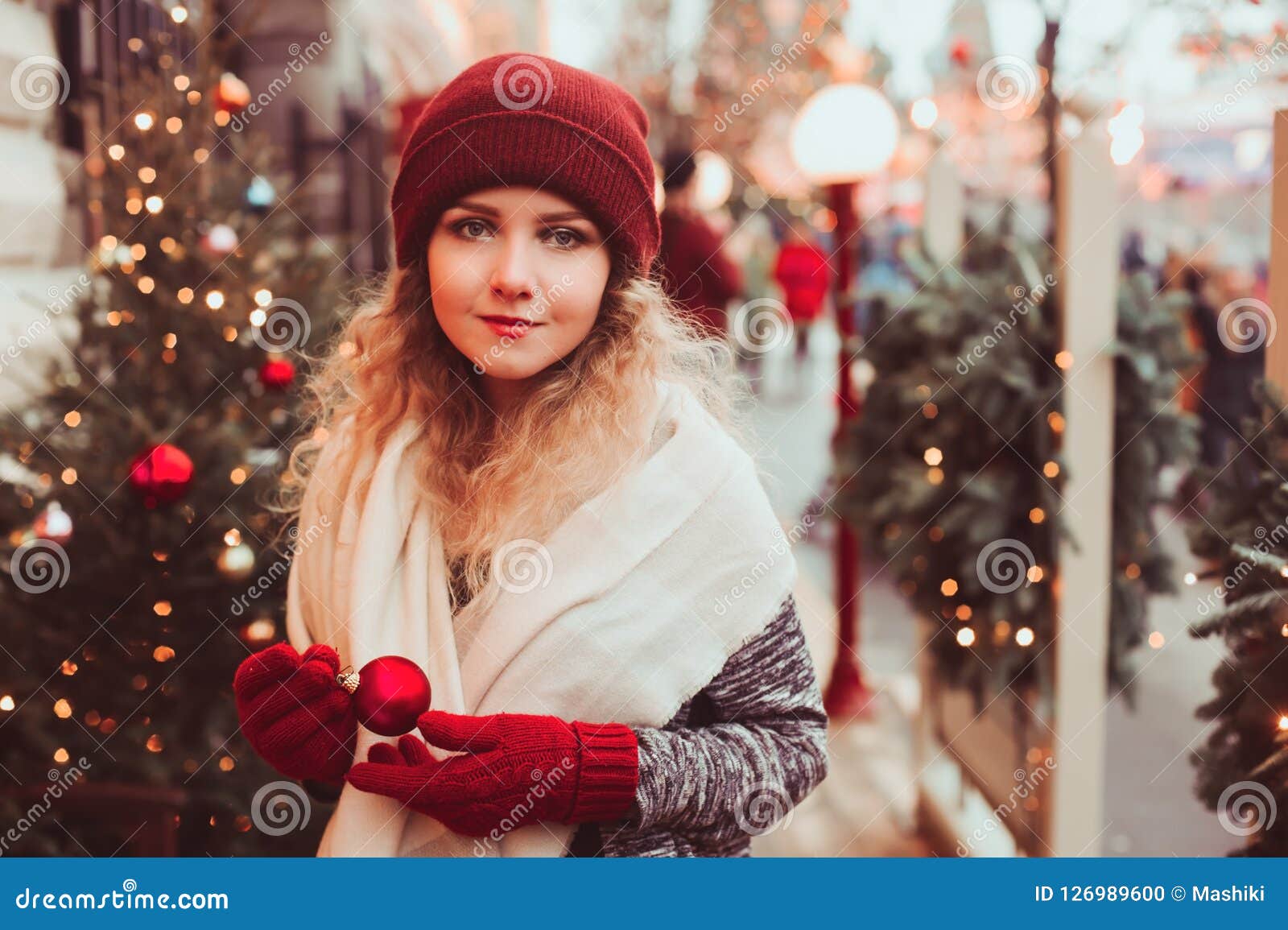 Happy Young Woman Walking in Christmas City Streets, Decorated with ...