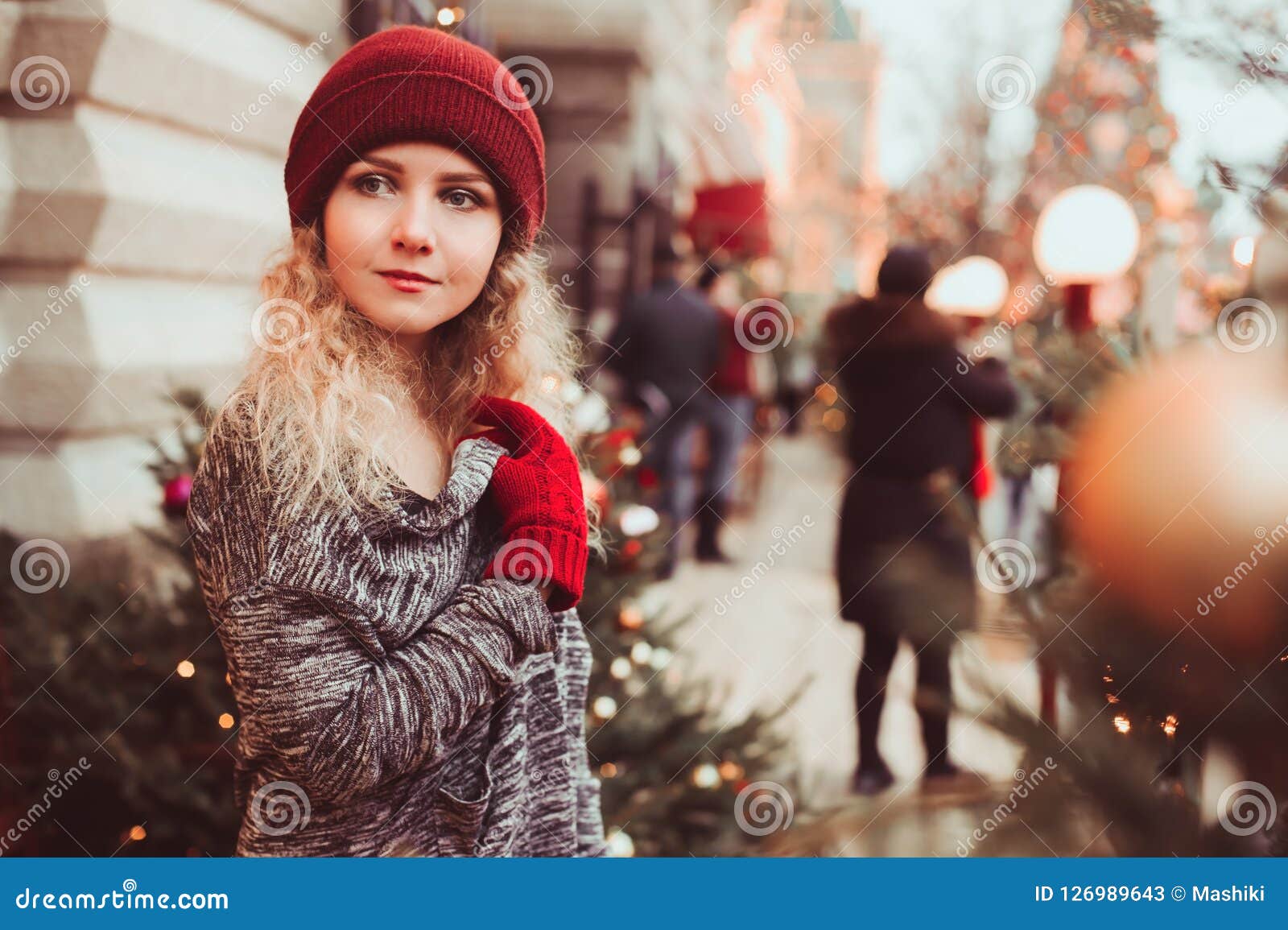 Happy Young Woman Walking in Christmas City Streets, Decorated with ...