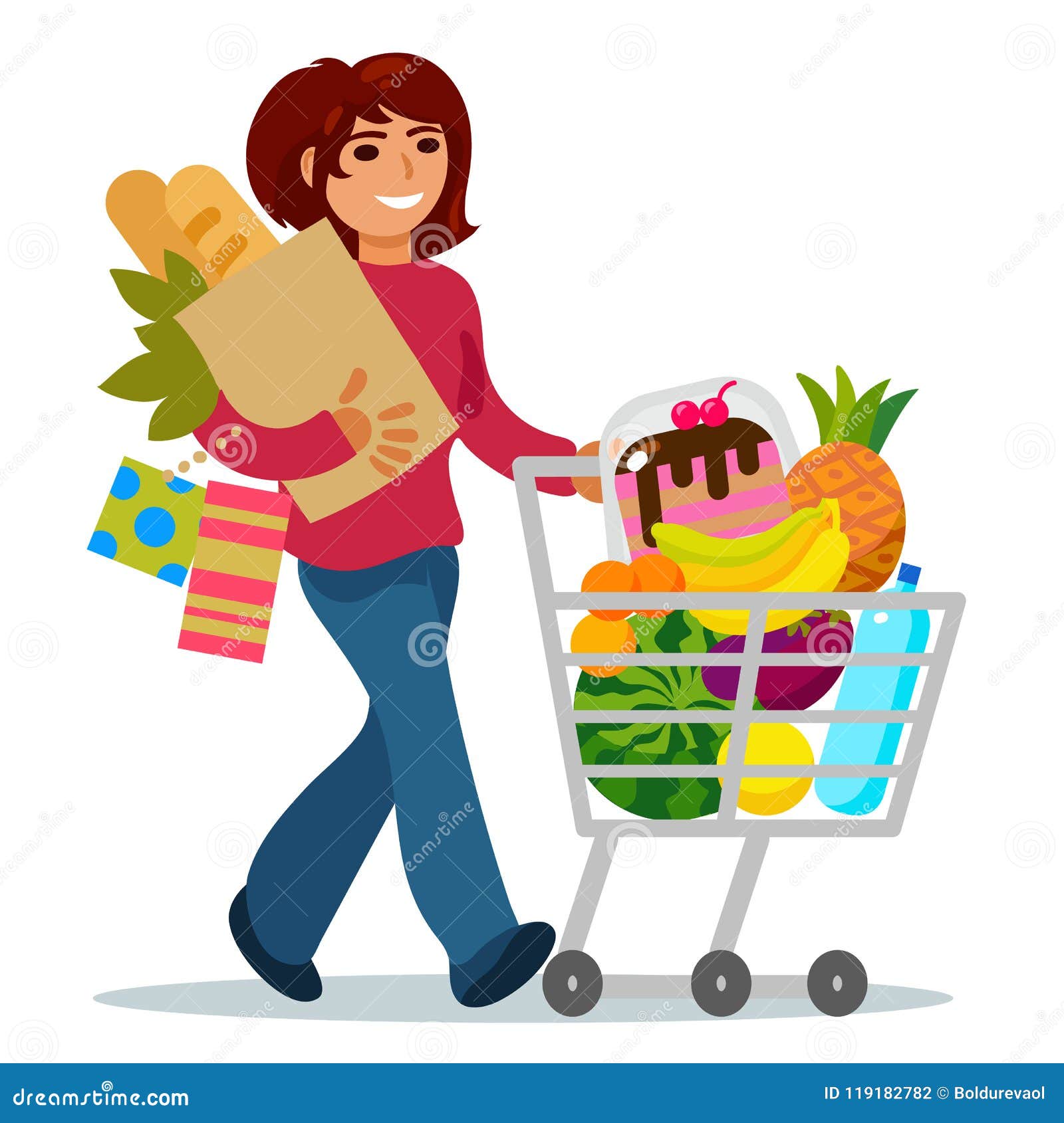 Woman with a Shopping Cart Buying Food Stock Vector - Illustration of  isolated, product: 119182782