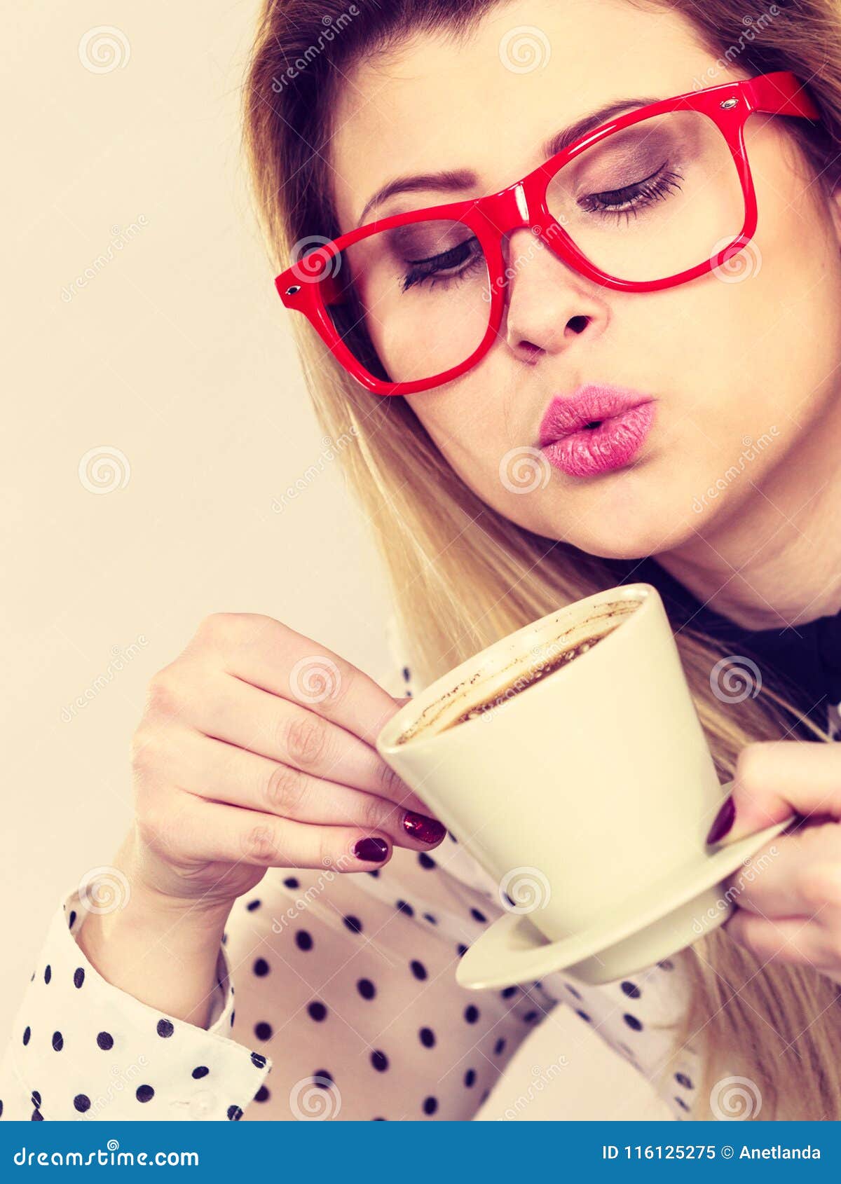 Happy Woman At Office Drinking Hot Coffee Stock Image Image Of Break Work 116125275