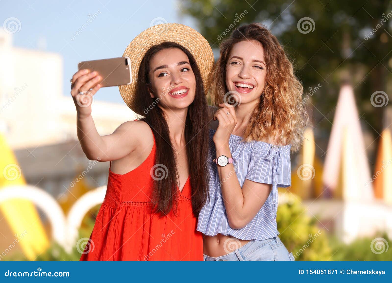 Happy Young Women Taking Selfie Outdoors Stock Image - Image of selfie ...