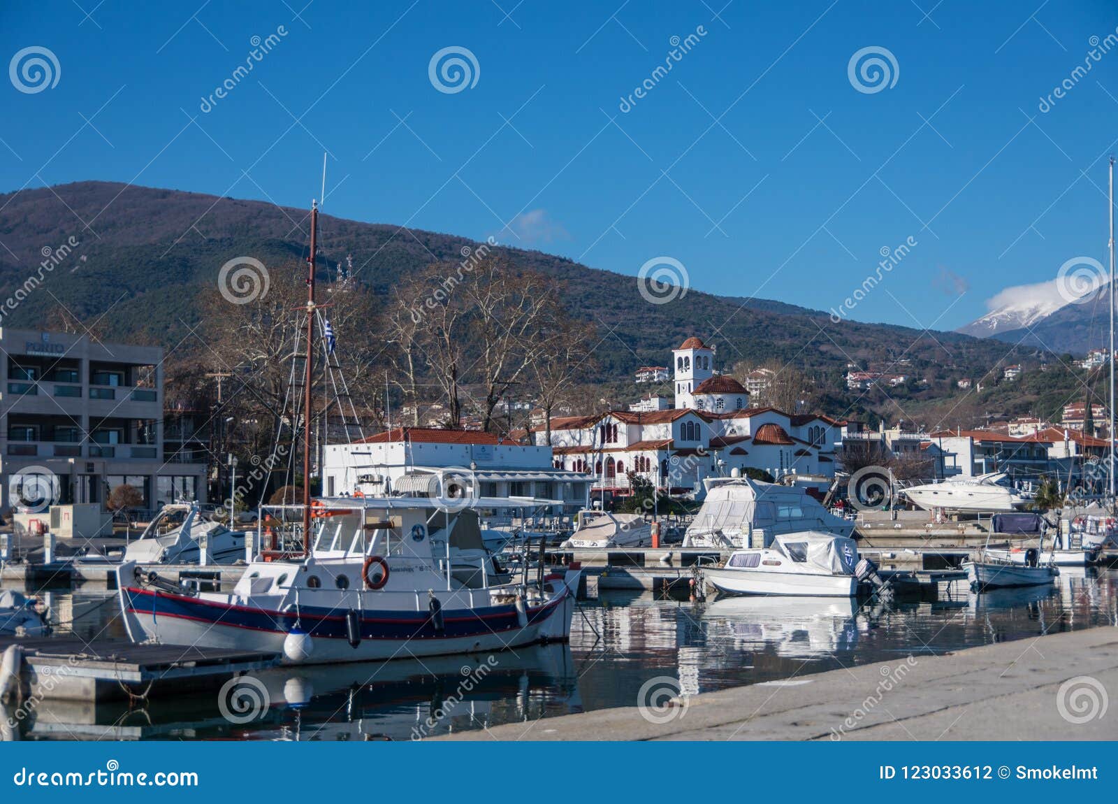 Harbor with Boats and Fishing Schooners. Platamonas Greek is Editorial ...