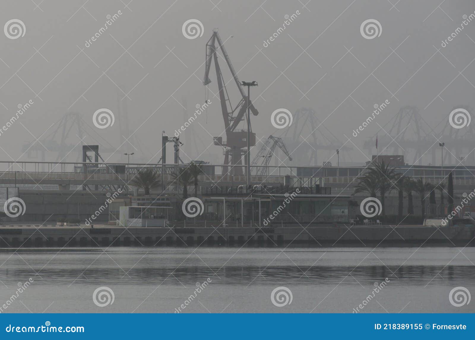 harbor with mist and cranes