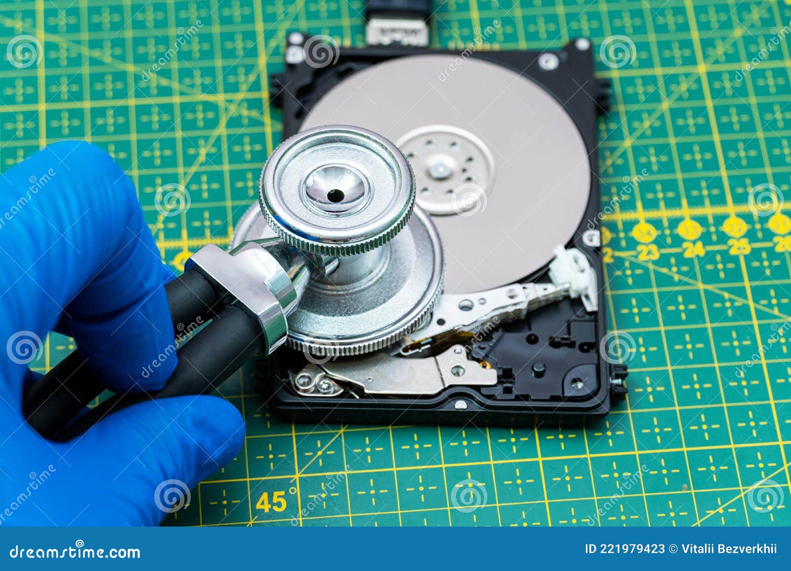 Hard Drive Diagnostics with a Stethoscope. Recovery, Search Lost Data, Information in Repair Service Stock Image - of disk, disassembling: