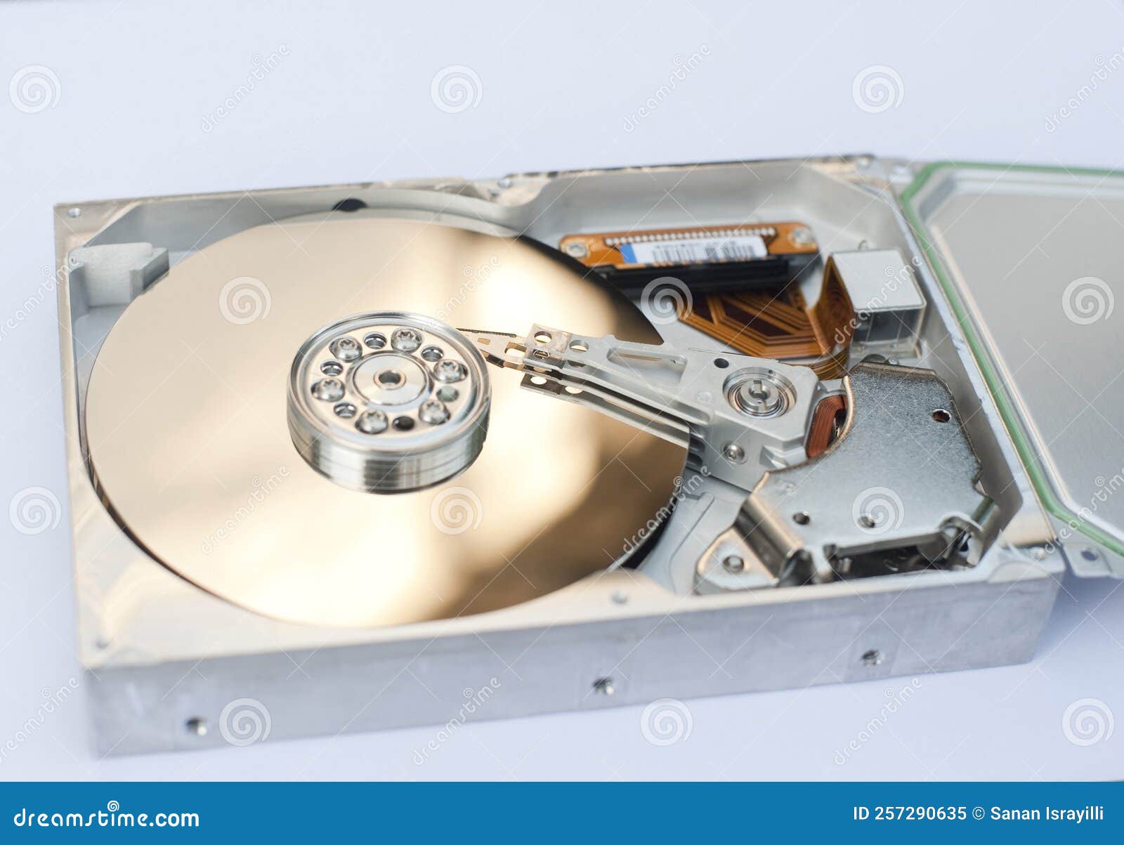 Hard Drive with Gold Colored Disk Stock Image Image of open, white