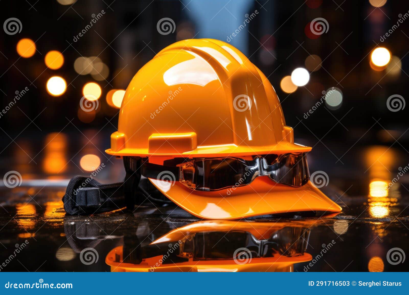 A Hard Hat and Goggles on a Reflective Surface, AI Stock Image - Image