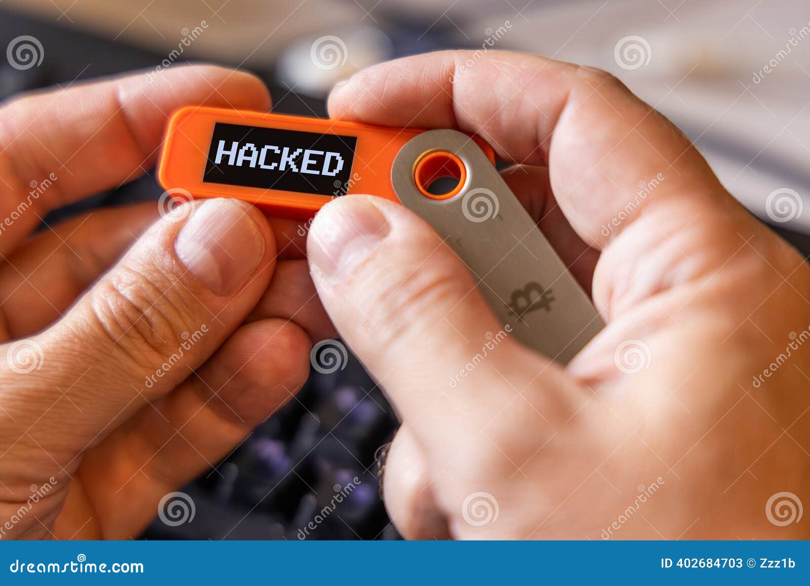 Hardware Bitcoin Wallet in a Hands with Hacked Message on Screen Stock  Image - Image of exchange, held: 402684703
