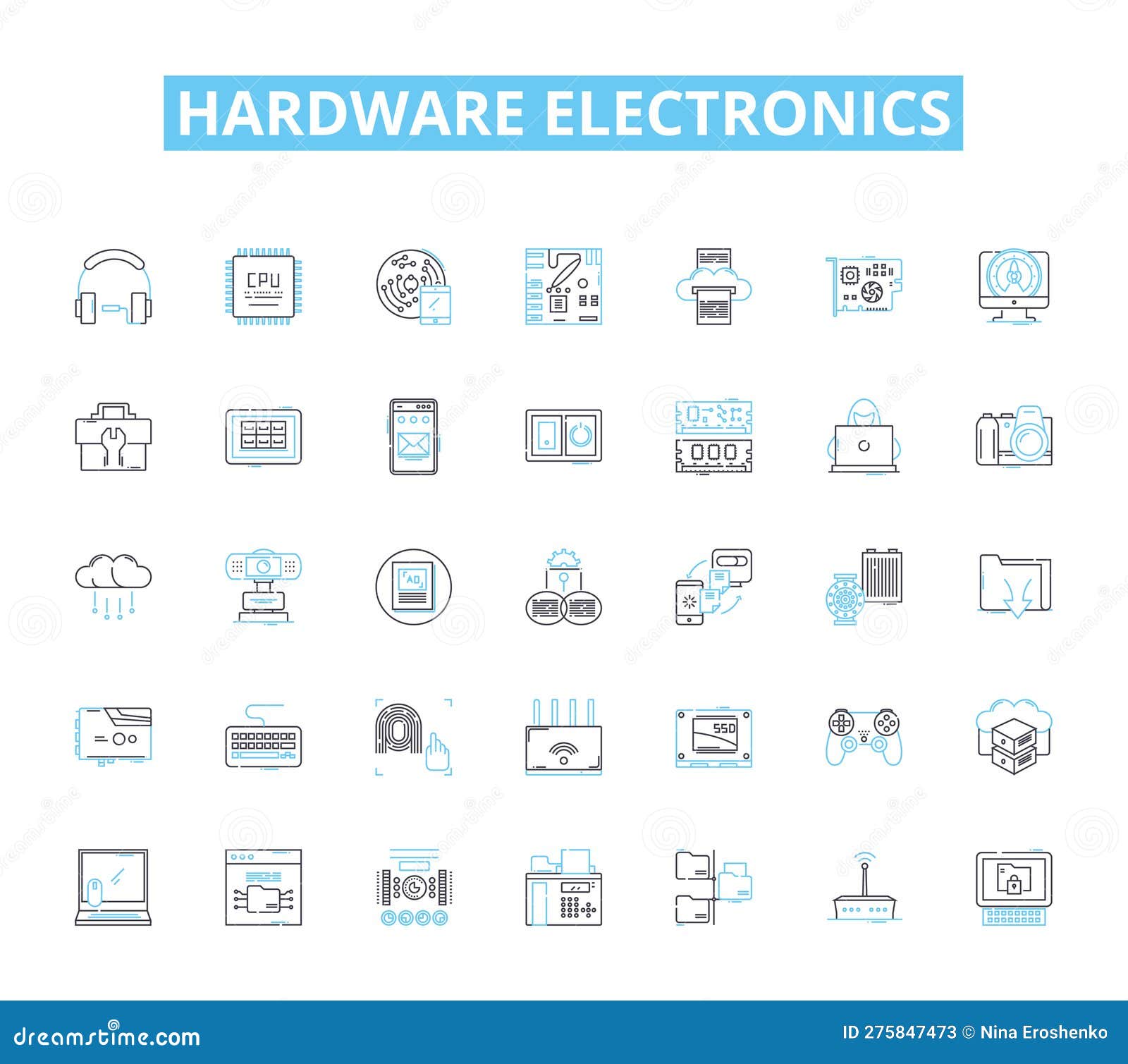 hardware electronics linear icons set. circuitry, microcontroller, capacitor, transistor, diode, resistors