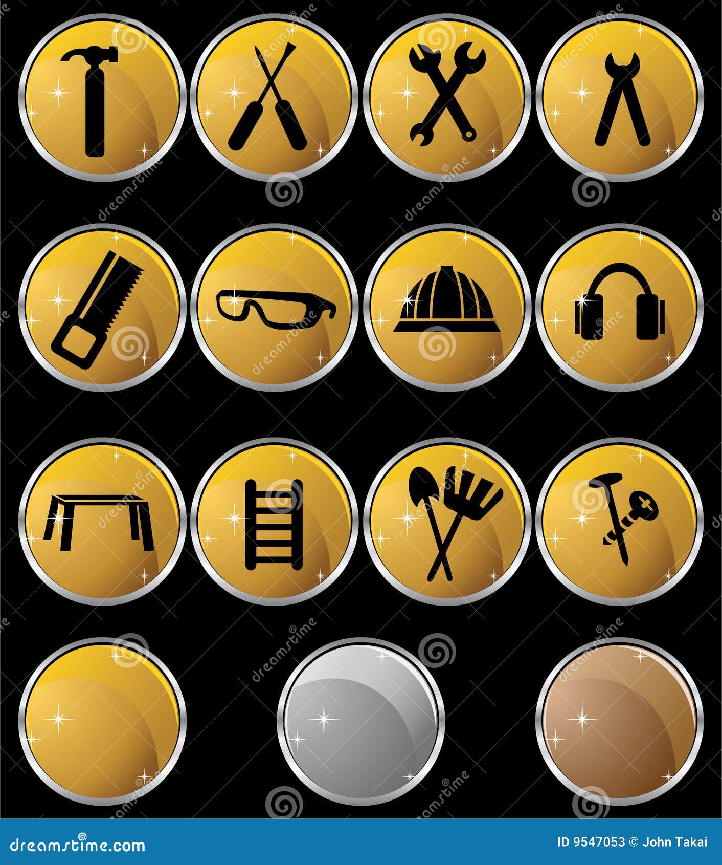 Hardware Icon Set Gold Button Series Round Stock Vector