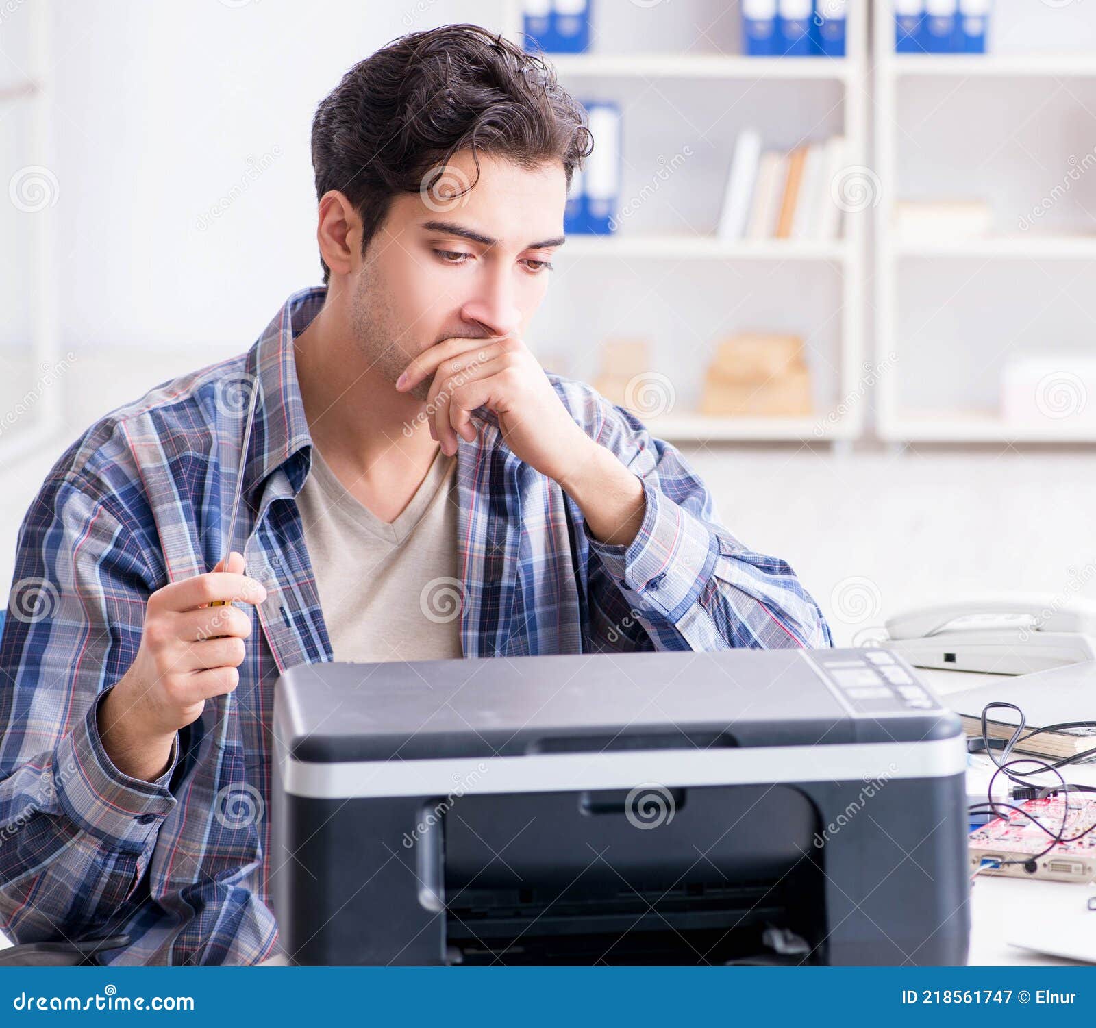 Hardware Repairman Repairing Broken Printer Fax Machine Stock Image Image of engineering