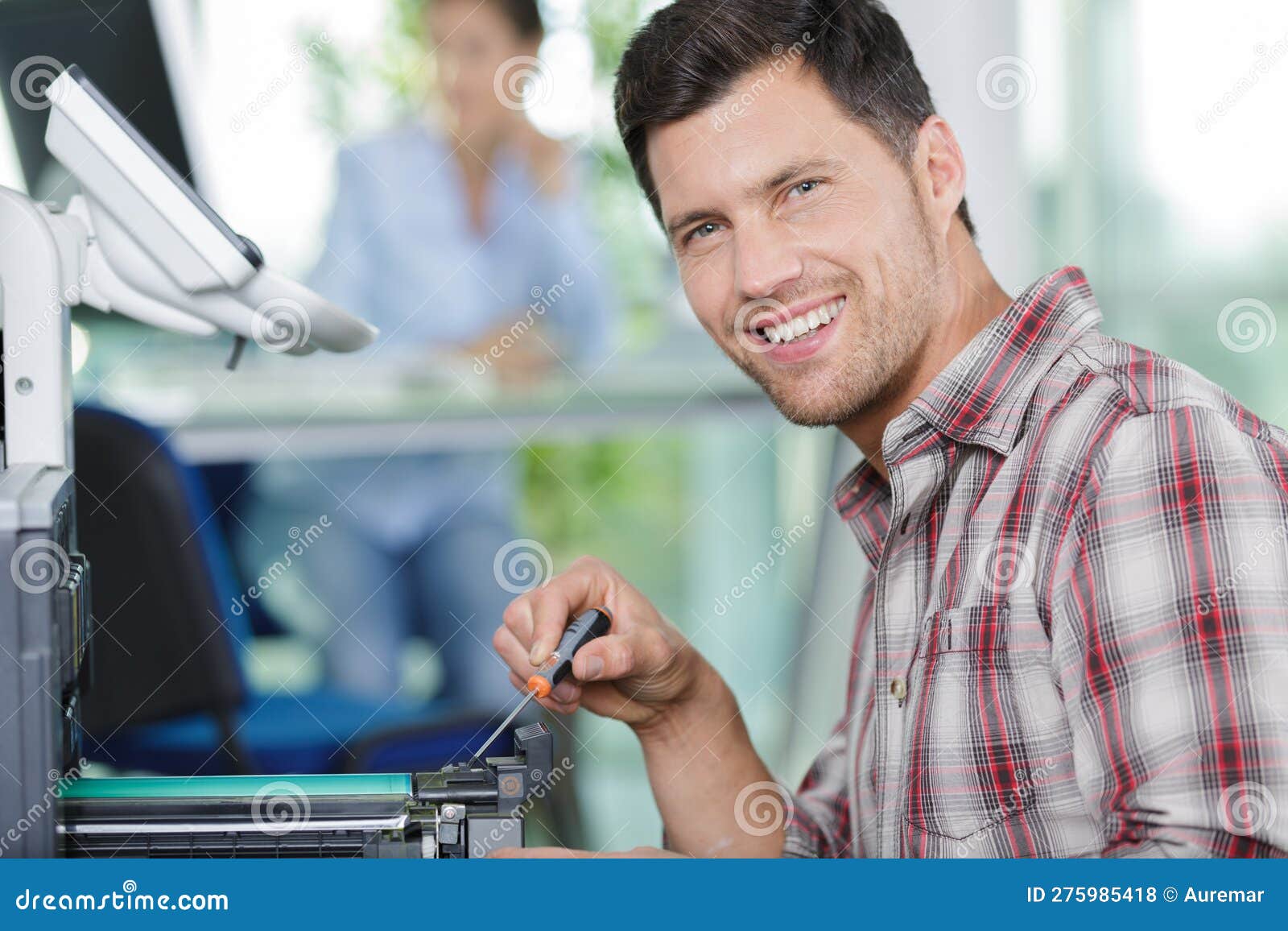 Hardware Repairman Repairing Broken Printer Fax Machine Stock Photo
