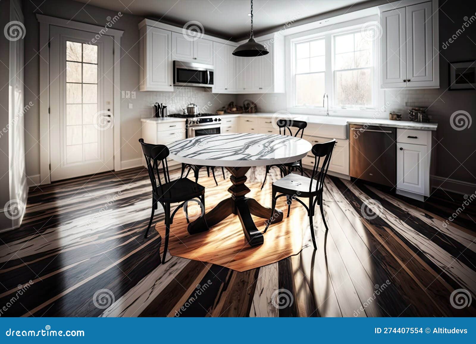 Hardwood Floor of White Kitchen Table with Black Legs Stock